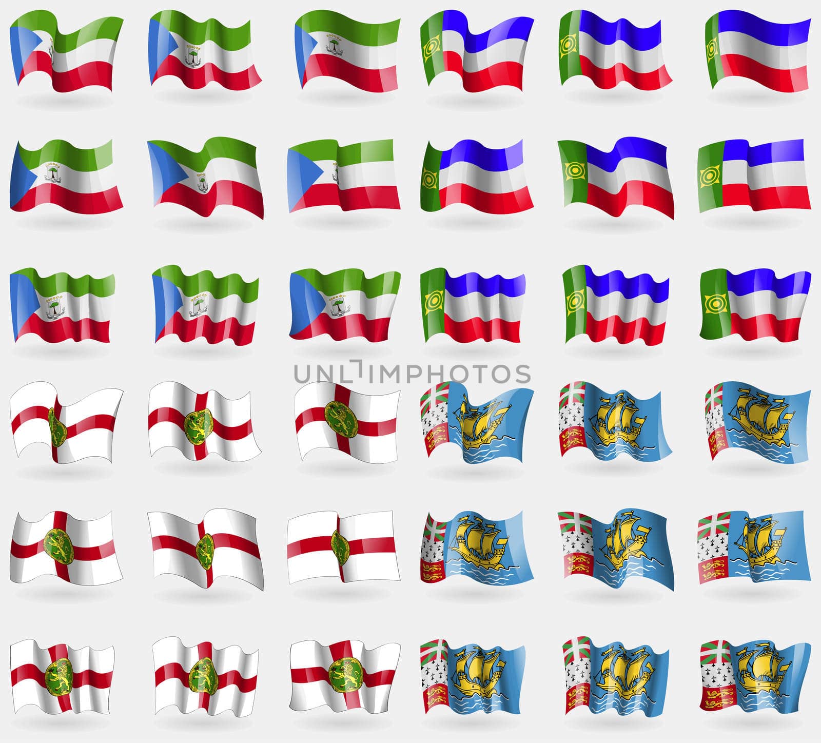 Equatorial Guinea, Khakassia, Alderney, Saint Pierre and Miquelon. Set of 36 flags of the countries of the world.  by serhii_lohvyniuk