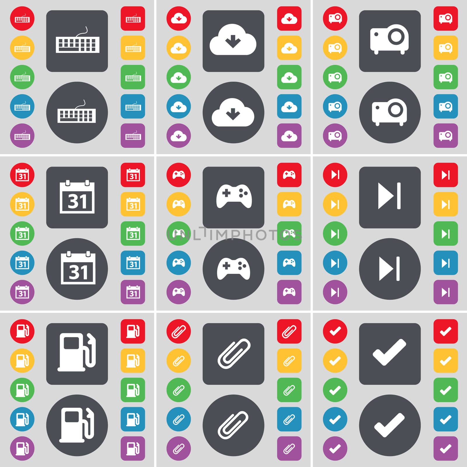 Keyboard, Cloud, Projector, Calendar, Gamepad, Media skip, Gas station, Clip, Tick icon symbol. A large set of flat, colored buttons for your design. illustration