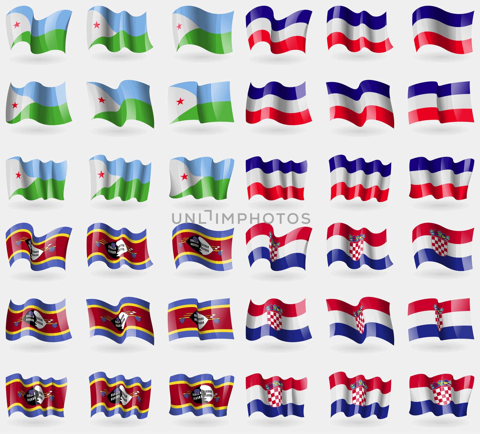 Djibouti, Los Altos, Swaziland, Croatia. Set of 36 flags of the countries of the world. illustration