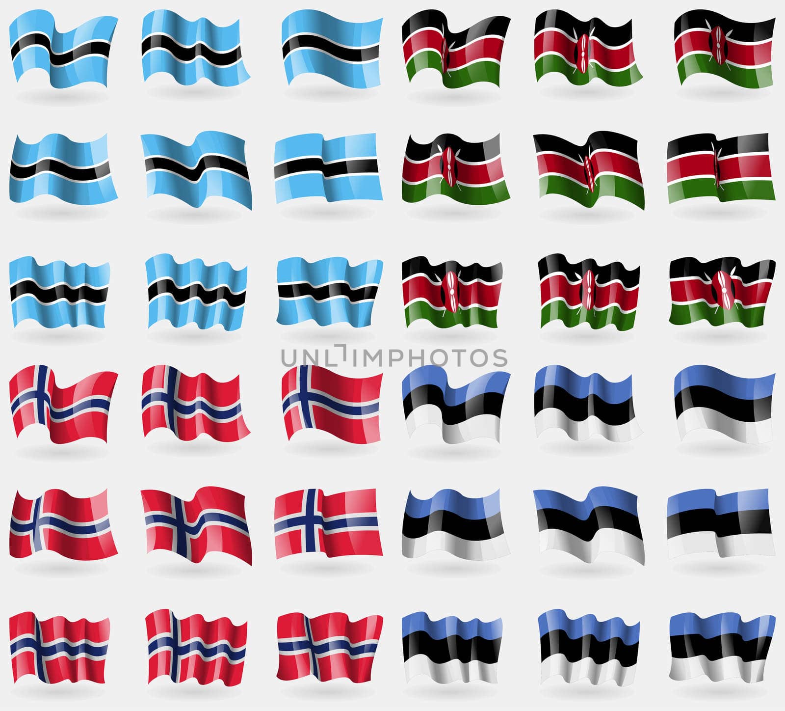 Botswana, Kenya, Norway, Estonia. Set of 36 flags of the countries of the world.  by serhii_lohvyniuk