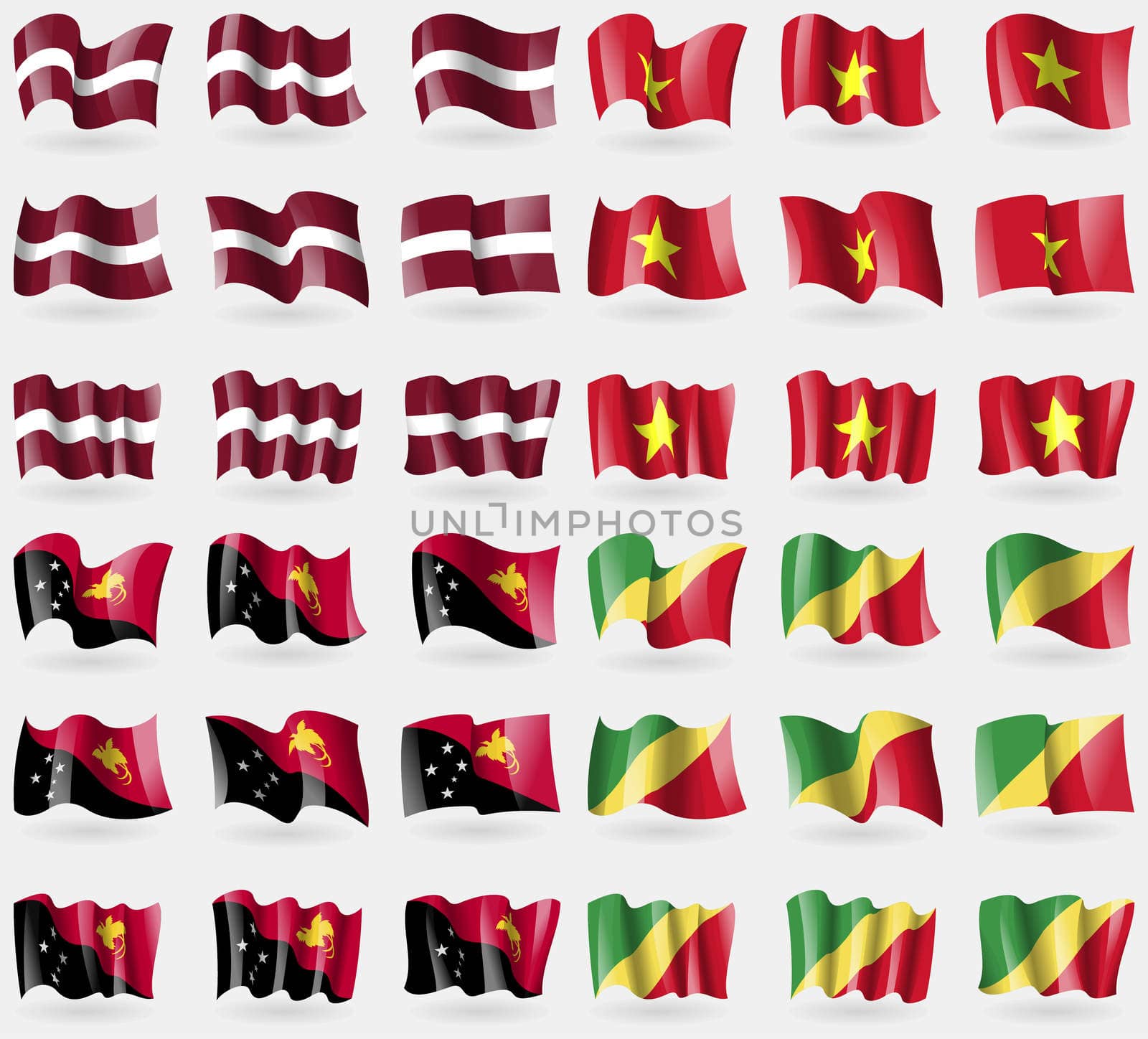 Latvia, Vietnam, Papua New Guinea, Congo Republic. Set of 36 flags of the countries of the world. illustration