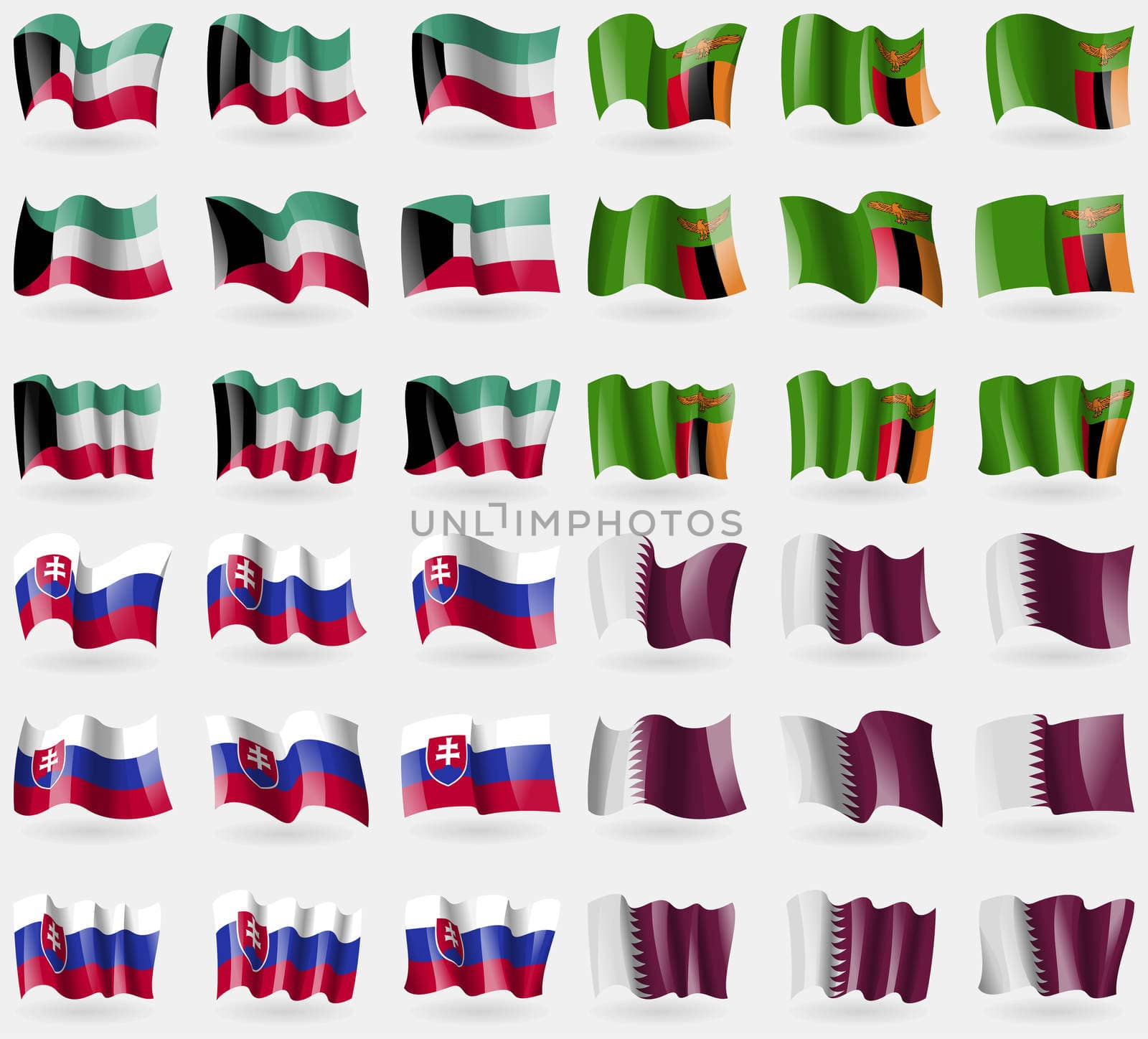 Kuwait, Zambia, Slovakia, Qatar. Set of 36 flags of the countries of the world. illustration