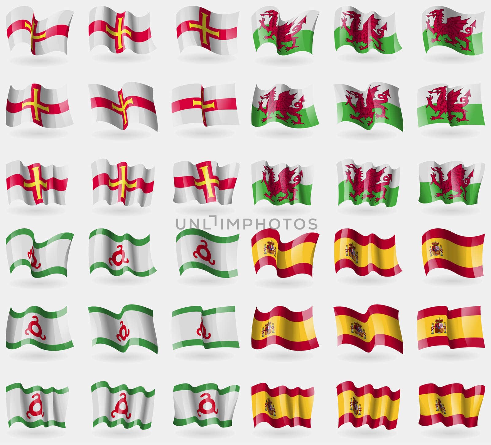 Guernsey, Wales, Ingushetia, Spain. Set of 36 flags of the countries of the world. illustration