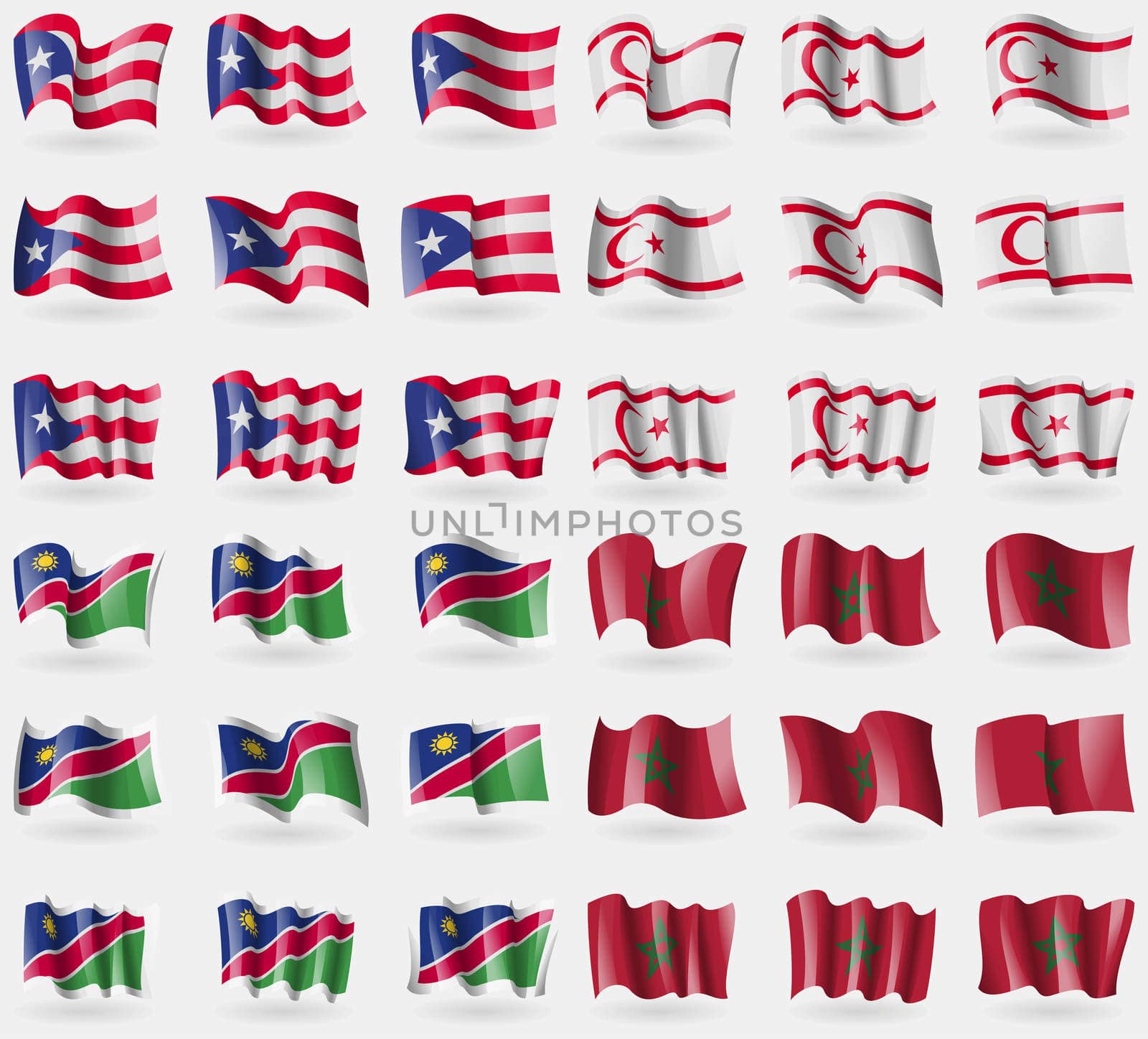 Puerto Rico, Turkish Northern Cyprus, Namibia, Morocco. Set of 36 flags of the countries of the world. illustration