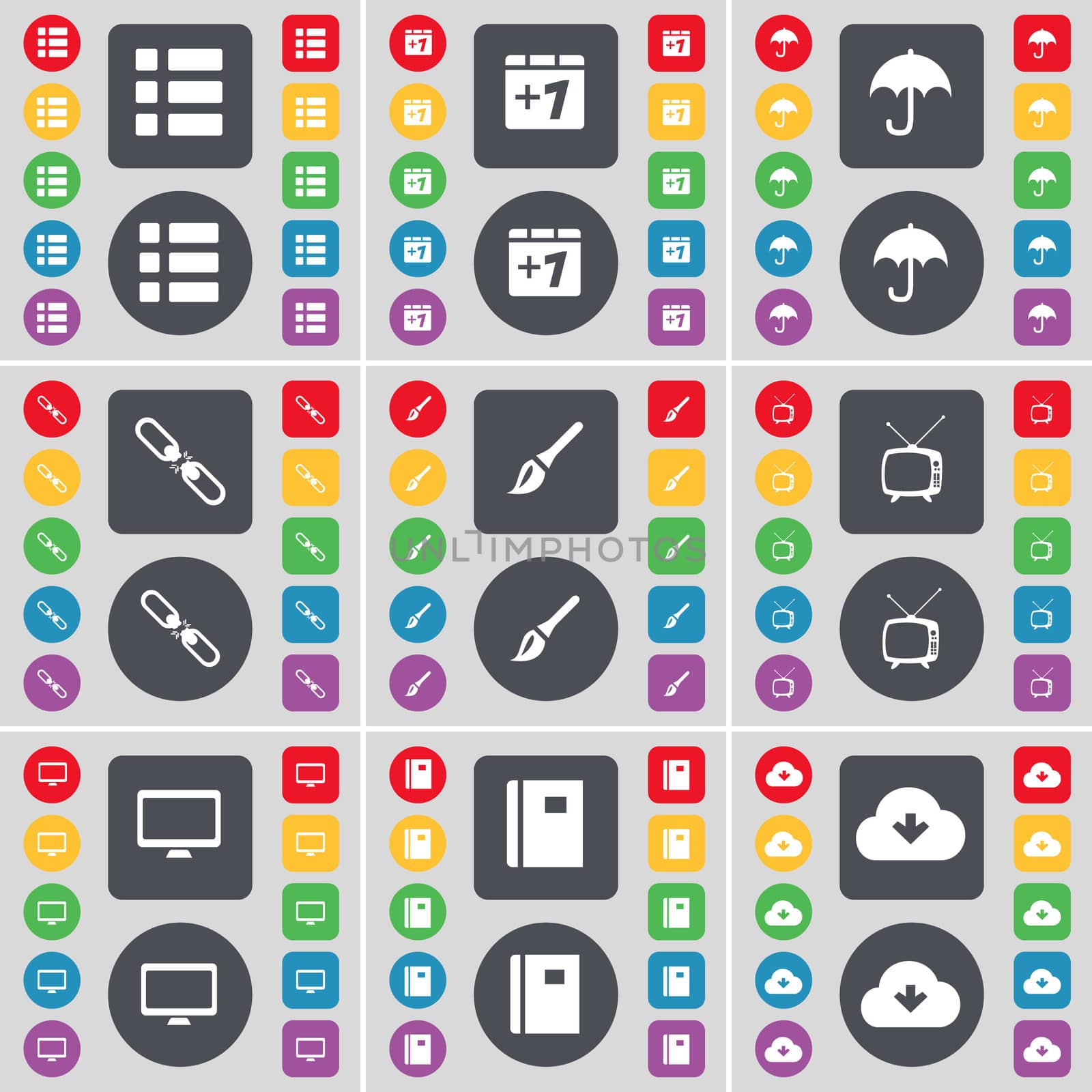 List, Plus one, Umbrella, Link, Brush, Retro TV, Monitor, Notebook, Cloud icon symbol. A large set of flat, colored buttons for your design.  by serhii_lohvyniuk