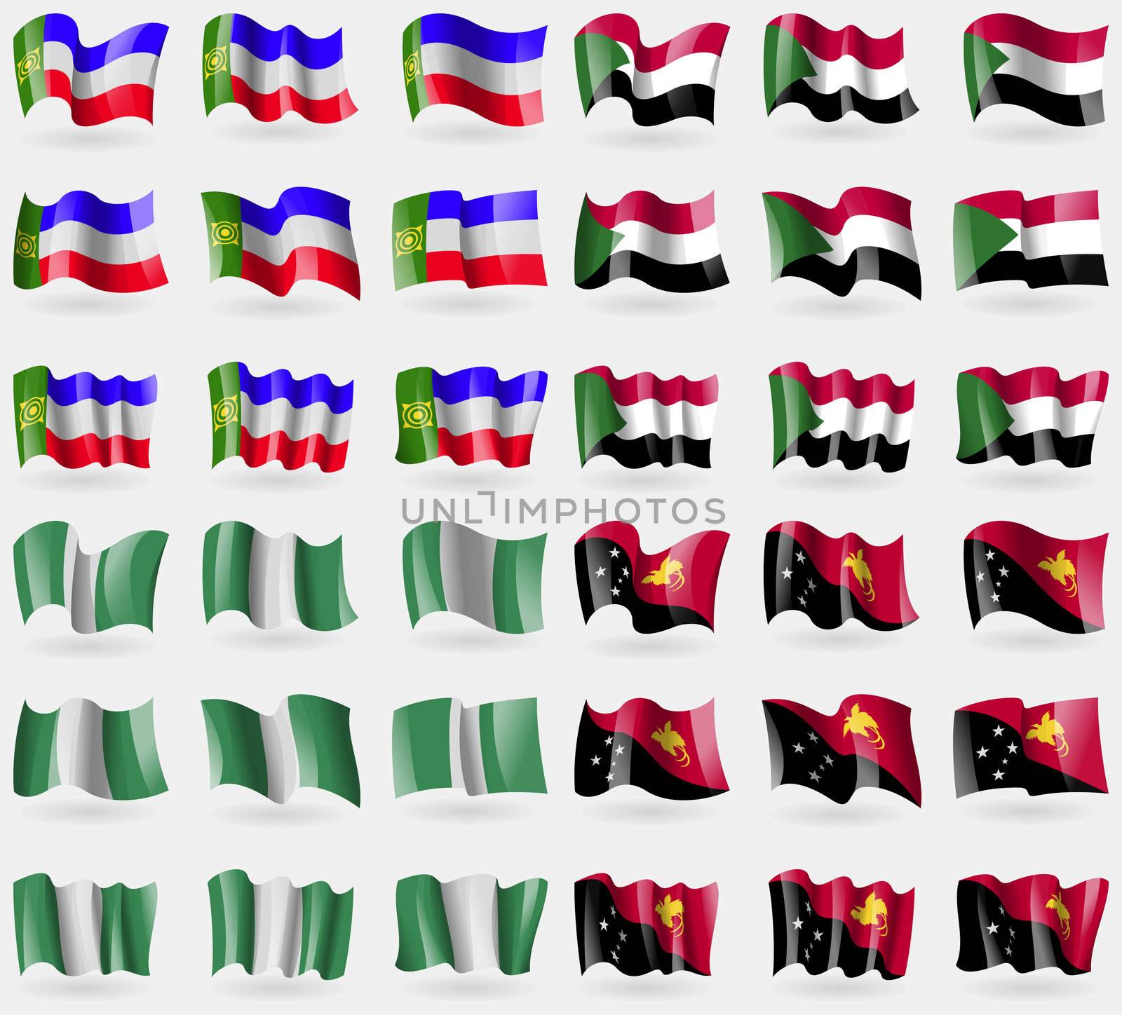 Khakassia, Sudan, Nigeria, Papua New Guinea. Set of 36 flags of the countries of the world. illustration