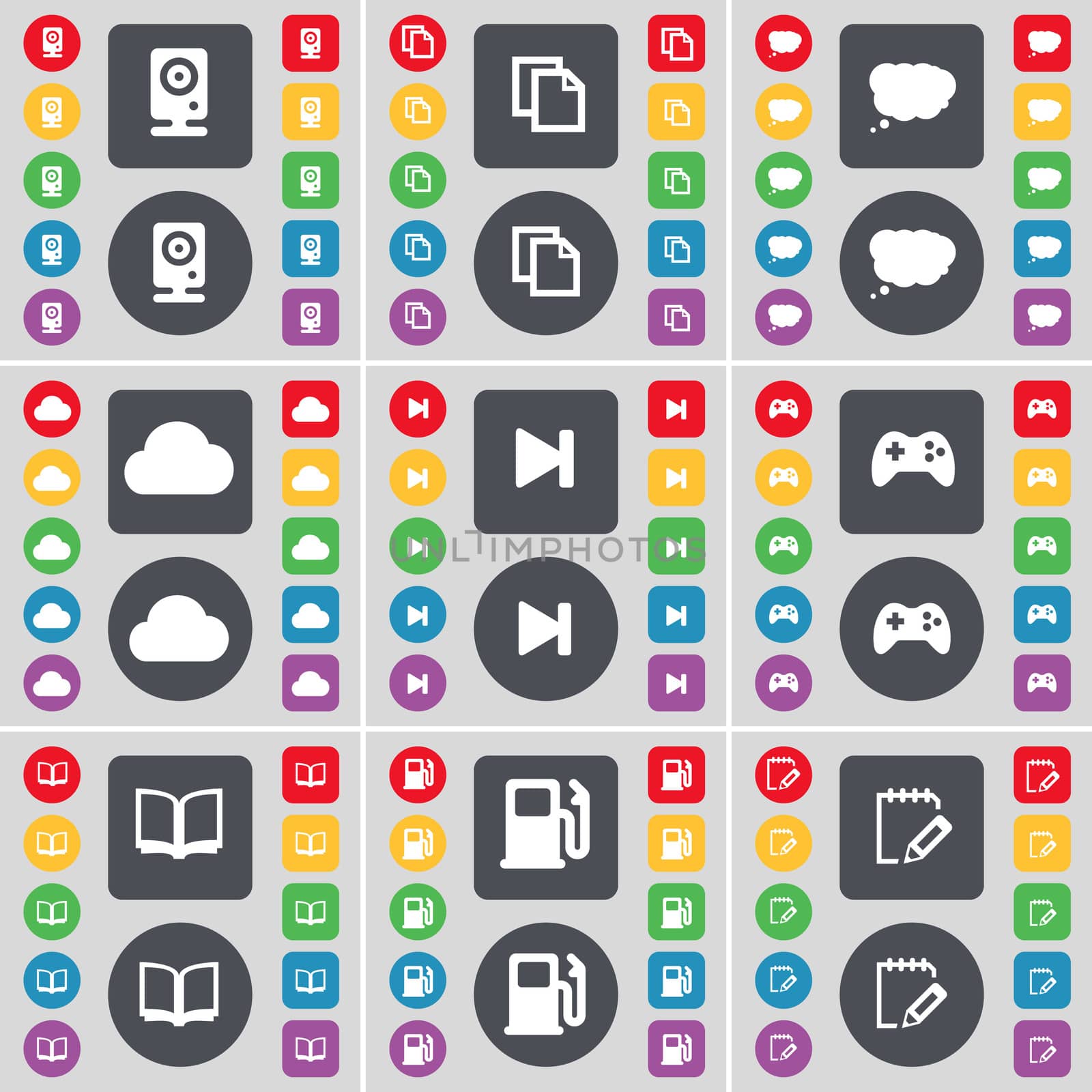 Speaker, Copy, Chat cloud, Cloud, Media skip, Gamepad, Book, Gas station, Notebook icon symbol. A large set of flat, colored buttons for your design.  by serhii_lohvyniuk