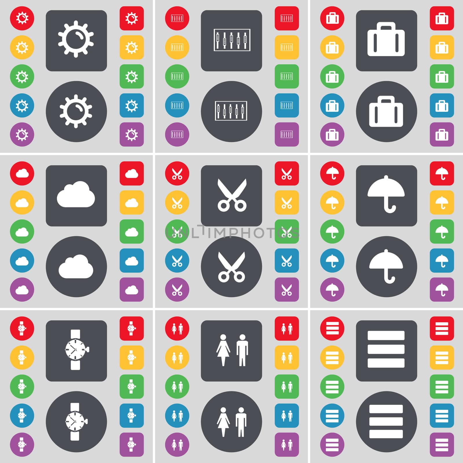 Gear, Equalizer, Suitcase, Cloud, Scissors, Umbrella, Wrist watch, Silhouette, Apps icon symbol. A large set of flat, colored buttons for your design. illustration