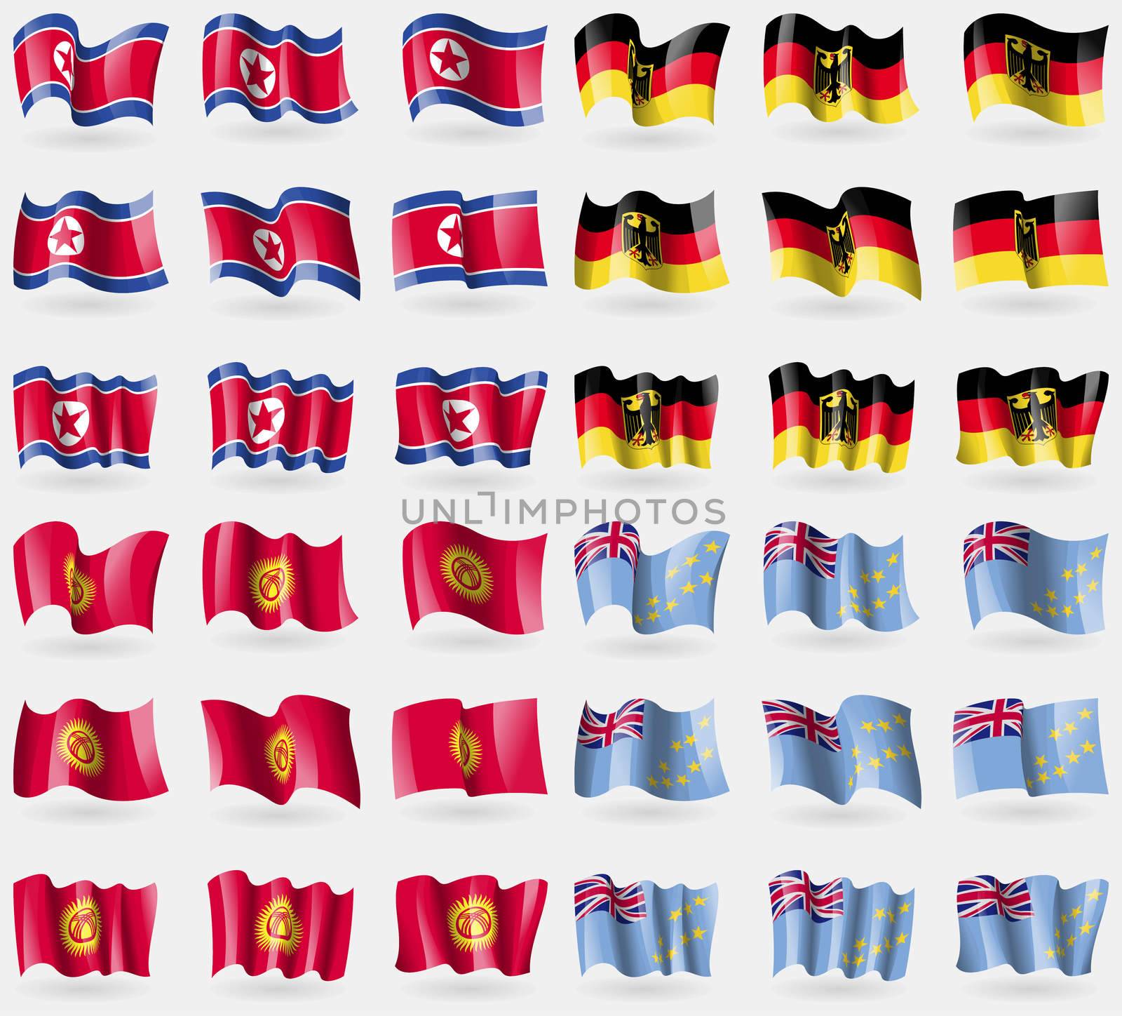 Korea North, Germany, Kyrgyzstan, Tuvalu. Set of 36 flags of the countries of the world. illustration