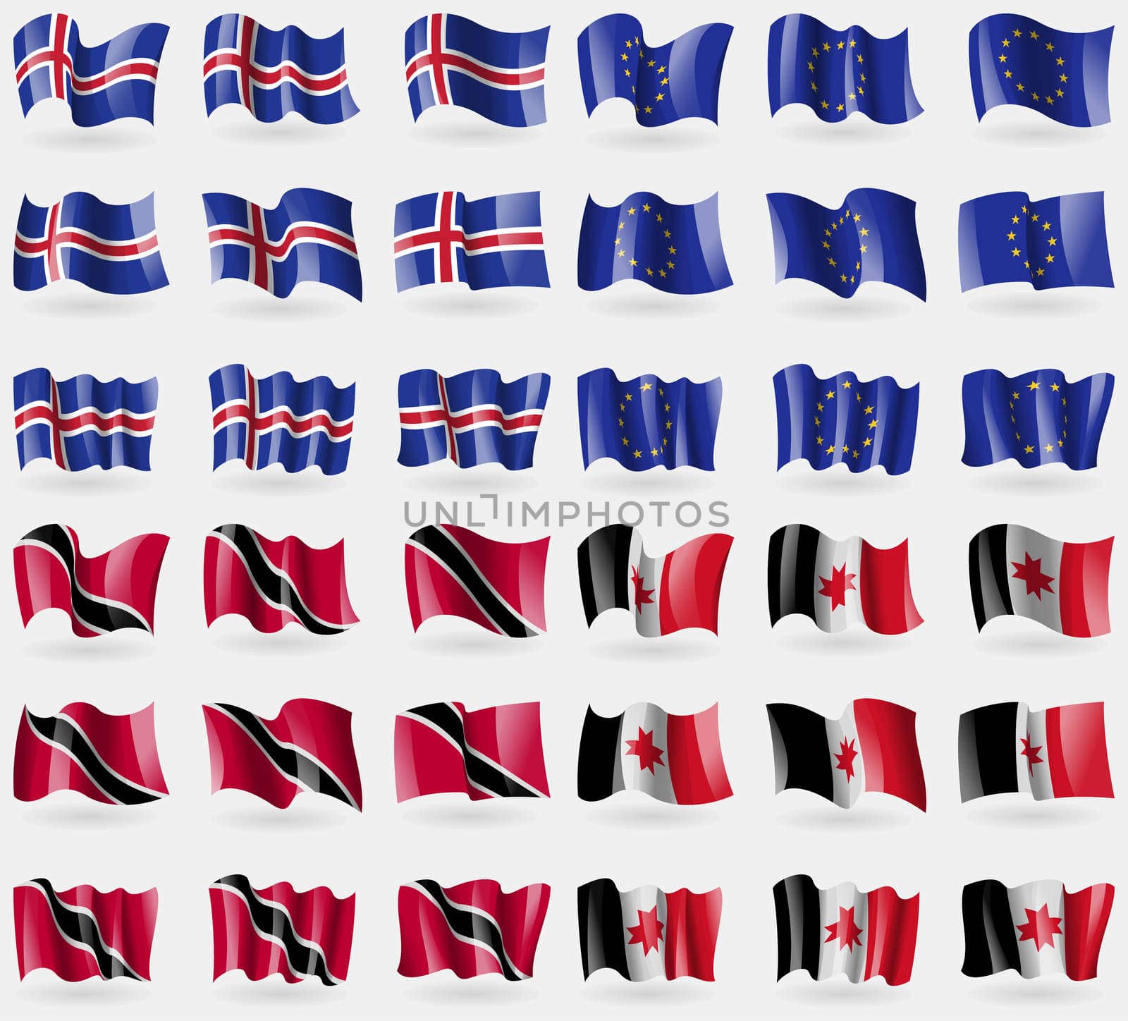 Iceland, European Union, Trinidad and Tobago, Udmurtia. Set of 36 flags of the countries of the world. illustration