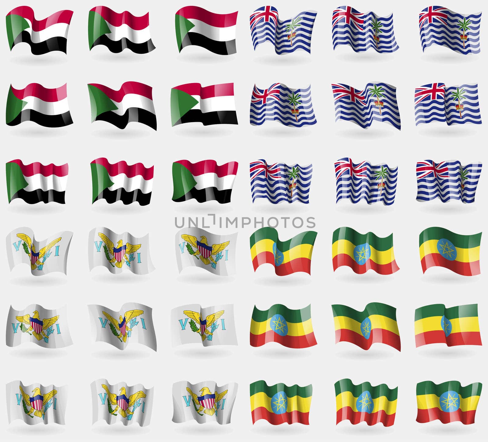 Sudan, British Indian Ocean Territory, VirginIslandsUS, Ethiopia. Set of 36 flags of the countries of the world. illustration