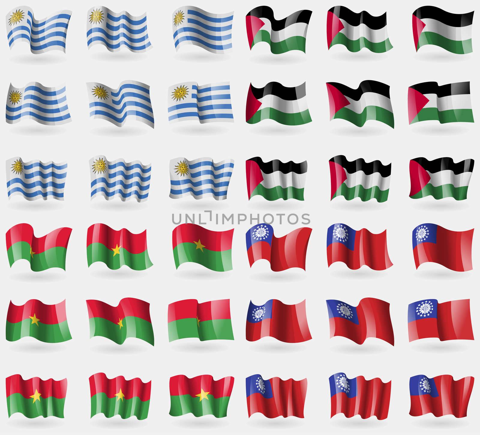 Uruguay, Palestine, Burkia Faso, MyanmarBurma. Set of 36 flags of the countries of the world. illustration