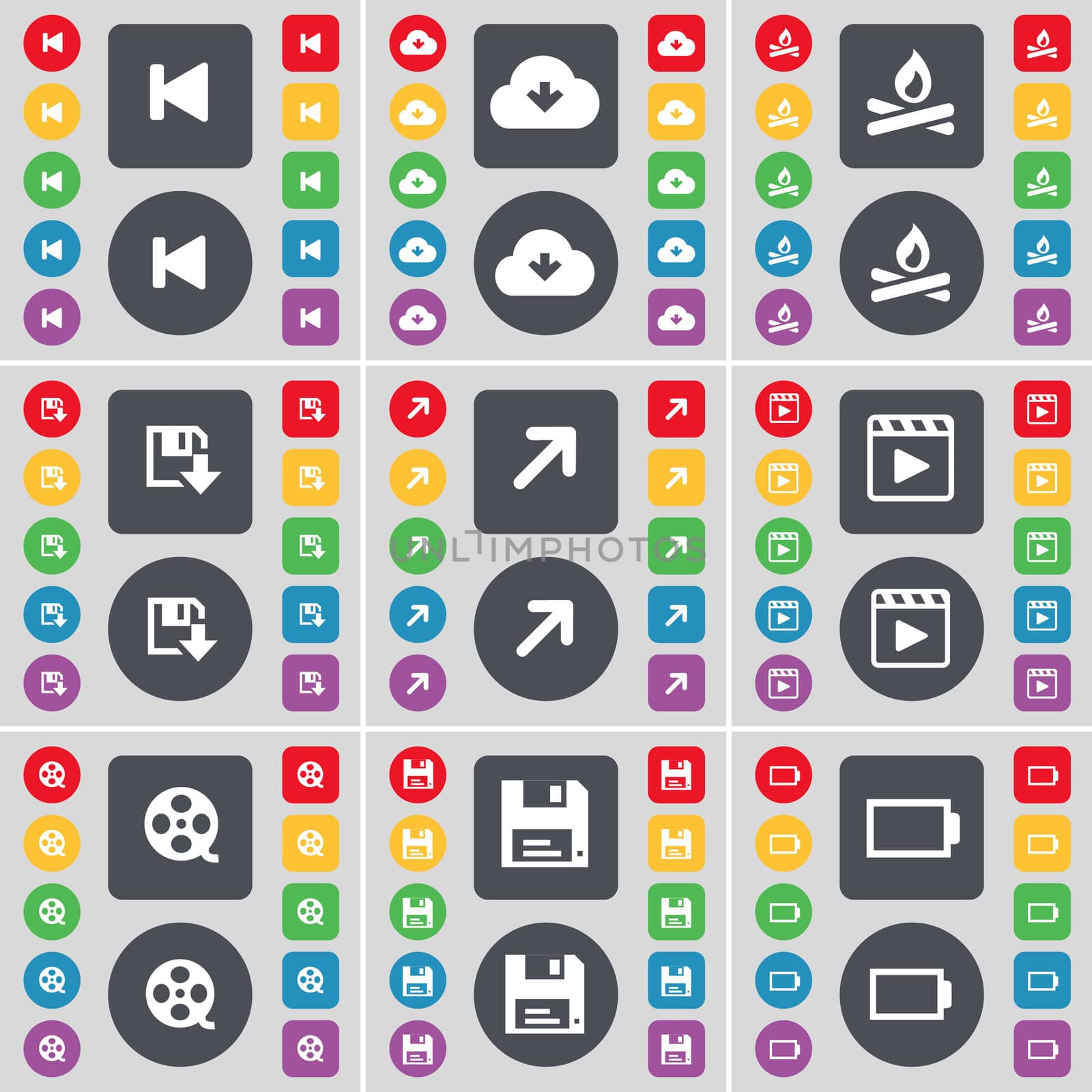 Media skip, Cloud, Campfire, Floppy, Full screen, Media player, Videotape, Floppy, Battery icon symbol. A large set of flat, colored buttons for your design. illustration