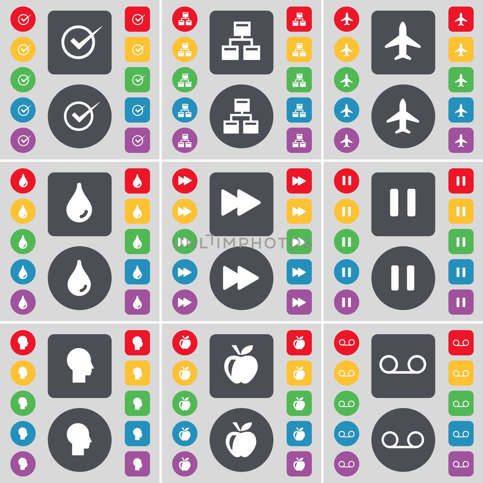 Tick, Network, Airplane, Drop, Rewind, Pause, Silhouette, Apple, Cassette icon symbol. A large set of flat, colored buttons for your design.  by serhii_lohvyniuk