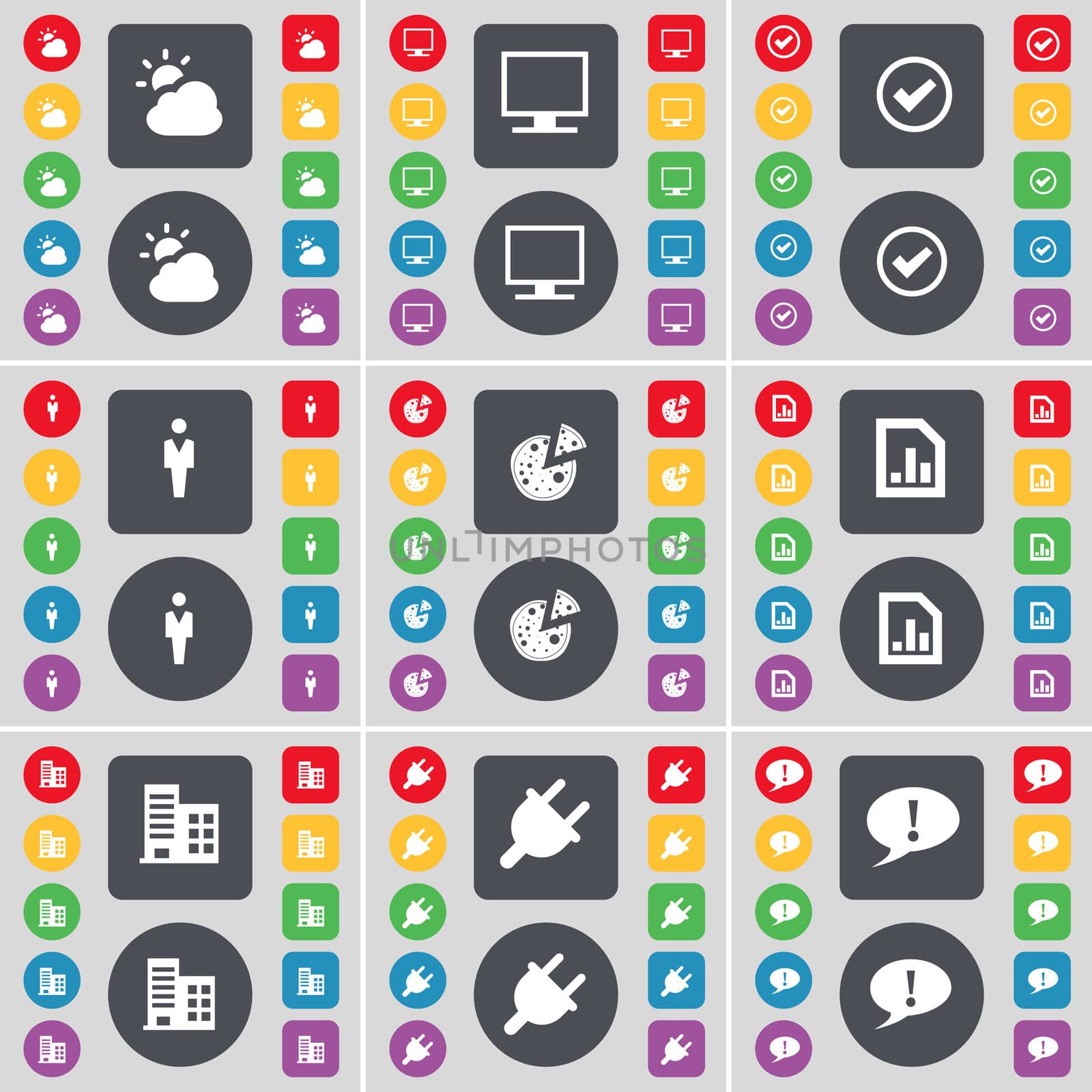 Cloud, Monitor, Tick, Silhouette, Pizza, Graph file, Building, Socket, Chat bubble icon symbol. A large set of flat, colored buttons for your design. illustration