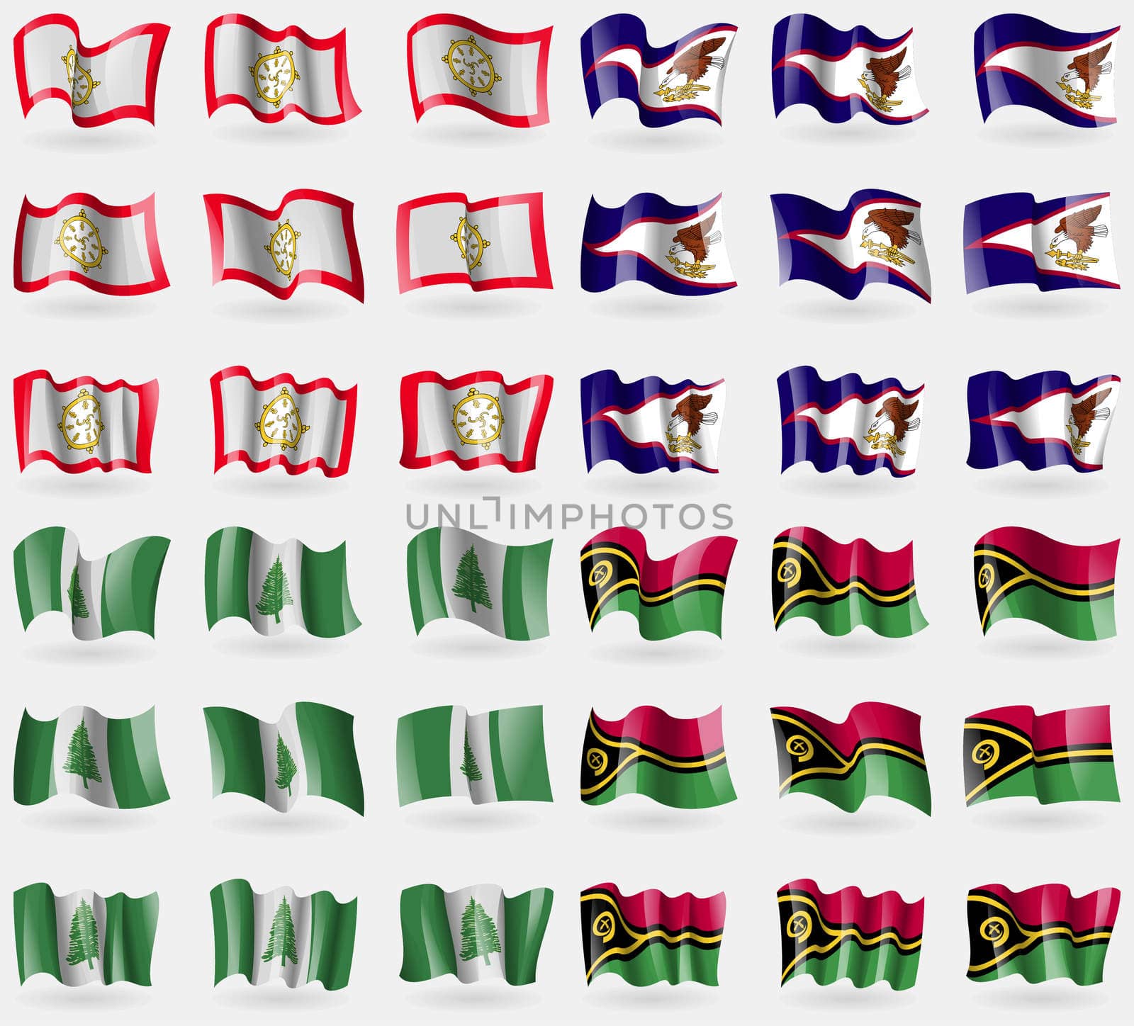 Sikkim, American Samoa, Norfolk Island, Vanuatu. Set of 36 flags of the countries of the world. illustration