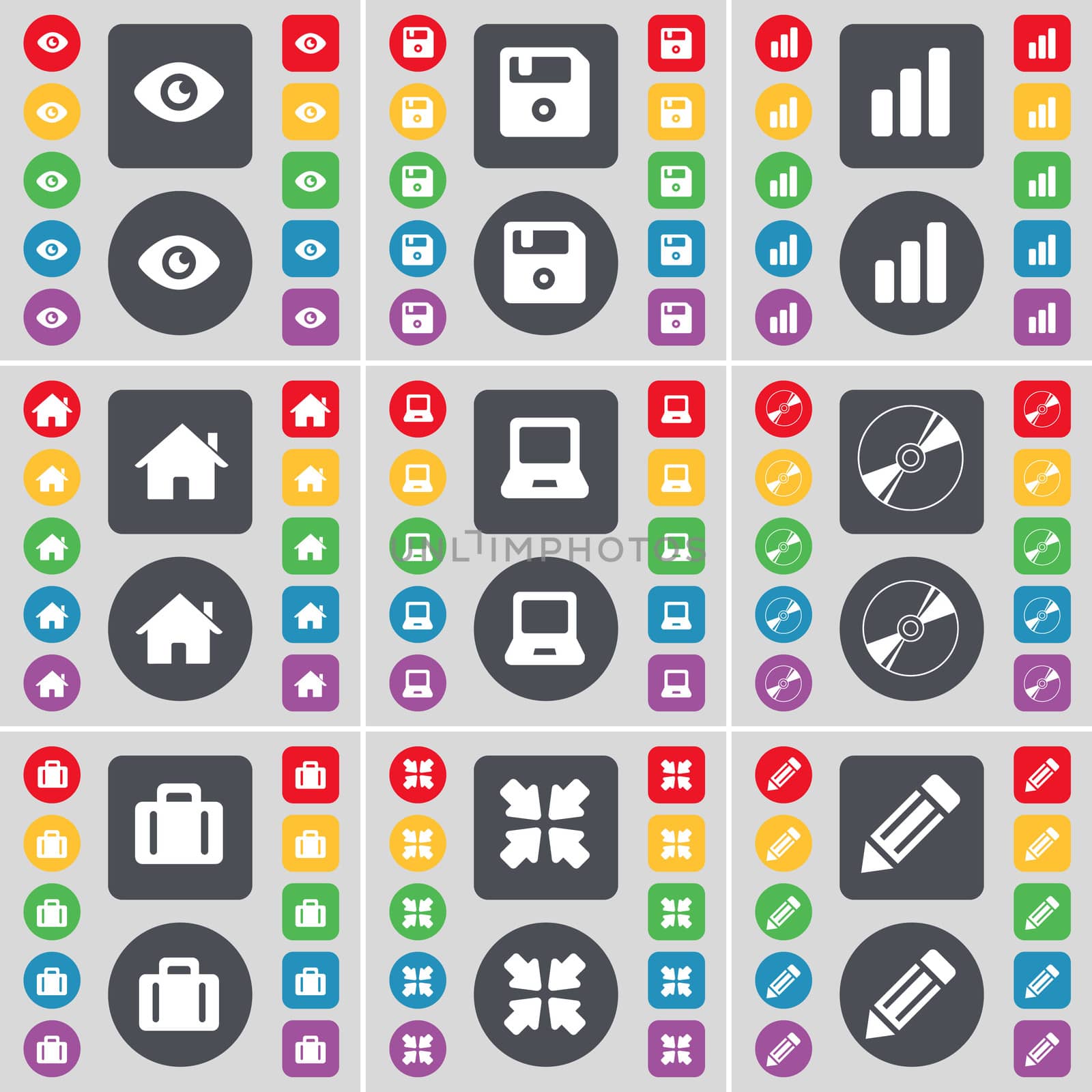 Vision, Floppy disk, Diagram, House, Laptop, DVD, Suicase, Deploying screen, Pencil icon symbol. A large set of flat, colored buttons for your design. illustration