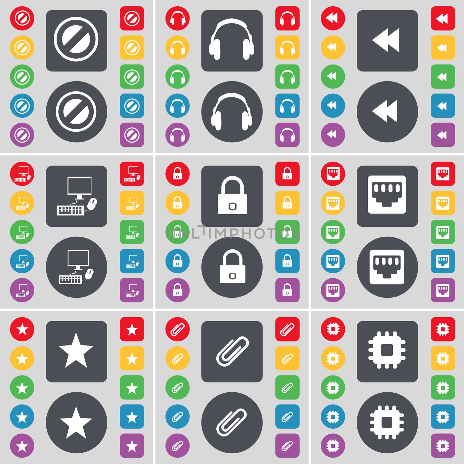 Stop, Headphones, Rewind, PC, Lock, LAN socket, Star, Clip, Processor icon symbol. A large set of flat, colored buttons for your design. illustration