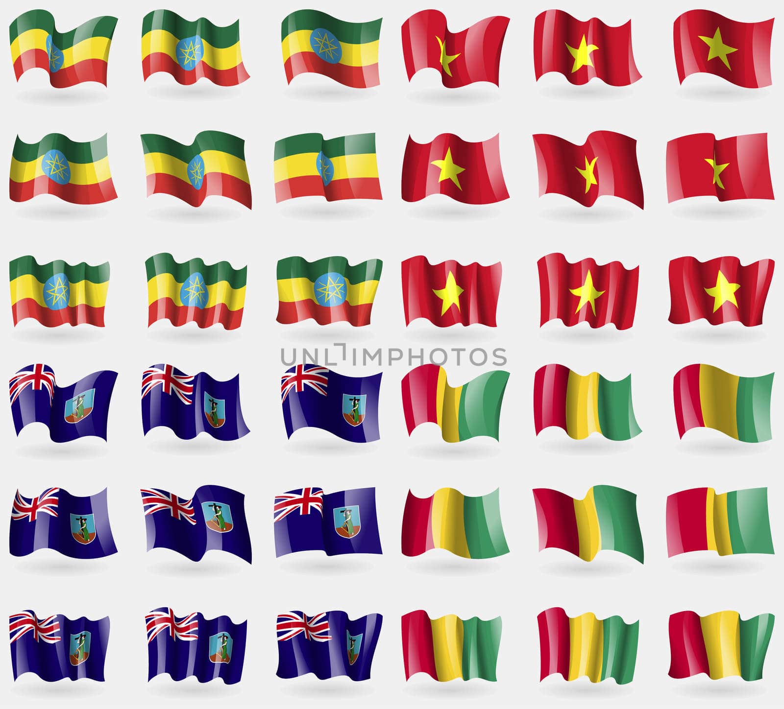 Ethiopia, Vietnam, Montserrat, Guinea. Set of 36 flags of the countries of the world. illustration
