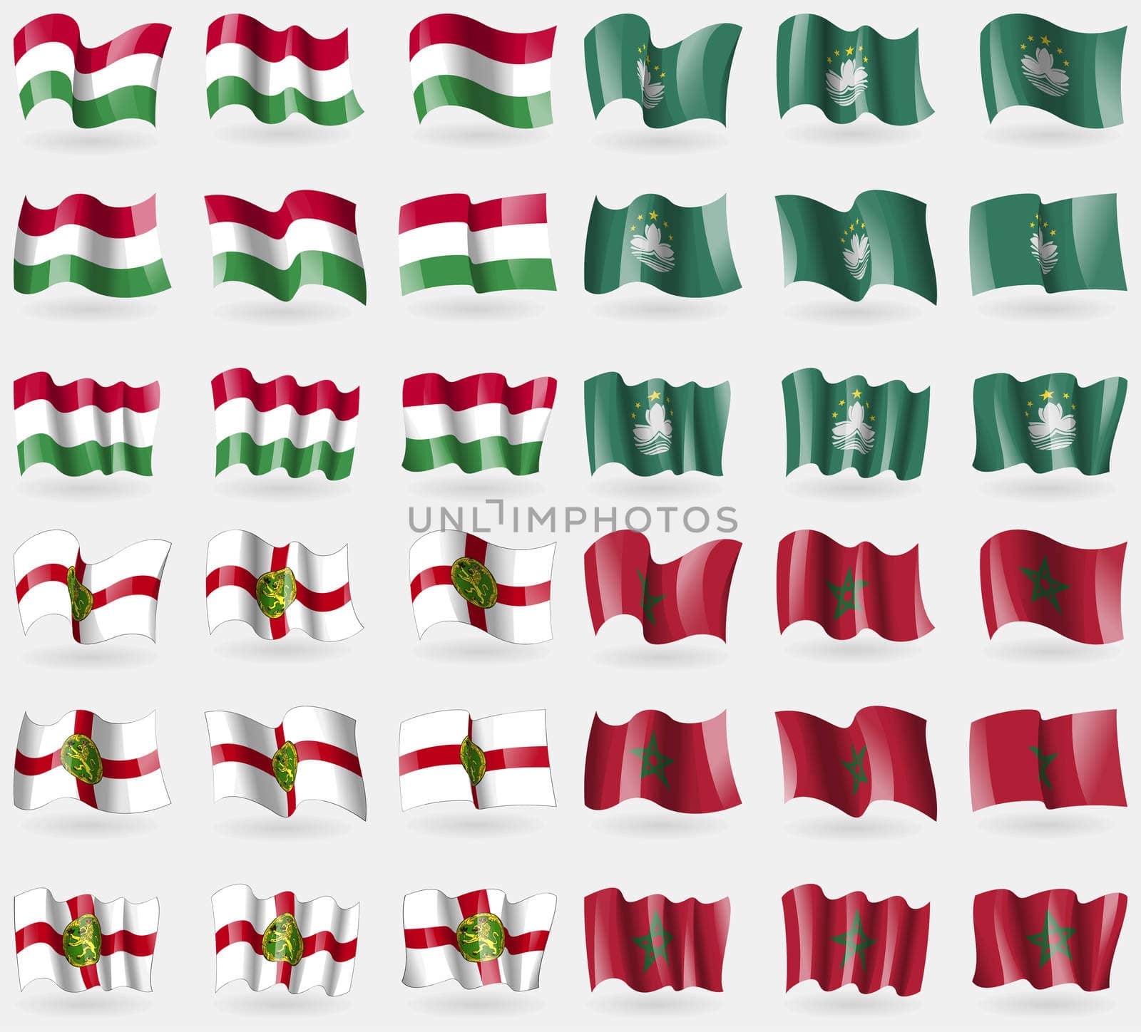 Hungary, Macau, Alderney, Morocco. Set of 36 flags of the countries of the world. illustration