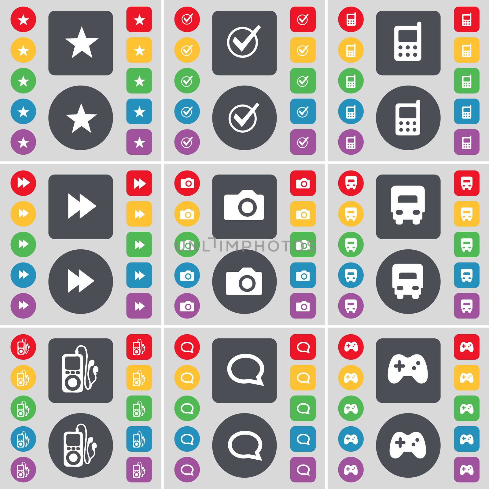 Star, Tick, Mobile phone, Rewind, Camera, Truck, MP3 player, Chat bubble, Gamepad icon symbol. A large set of flat, colored buttons for your design.  by serhii_lohvyniuk