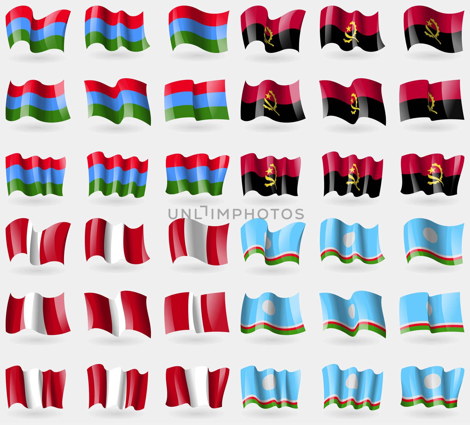 Karelia, Angola, Peru, Sakha Republic. Set of 36 flags of the countries of the world. illustration