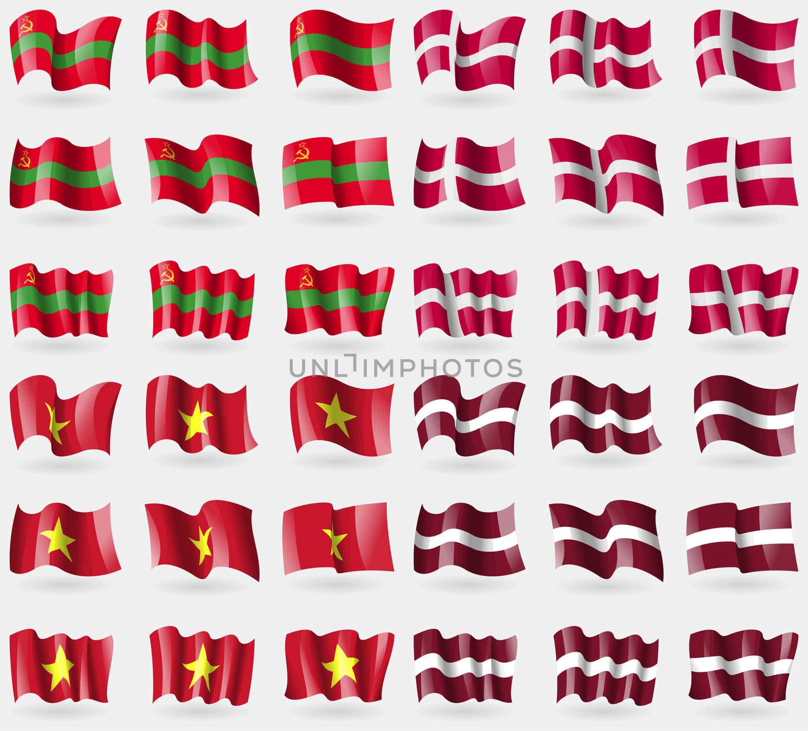 Transnistria, Denmark, Vietnam, Latvia. Set of 36 flags of the countries of the world.  by serhii_lohvyniuk