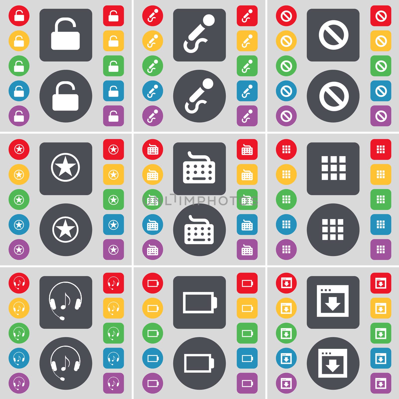 Lock, Microphone, Stop, Star, Keyboard, Apps, Headphones, Battery, Window icon symbol. A large set of flat, colored buttons for your design. illustration
