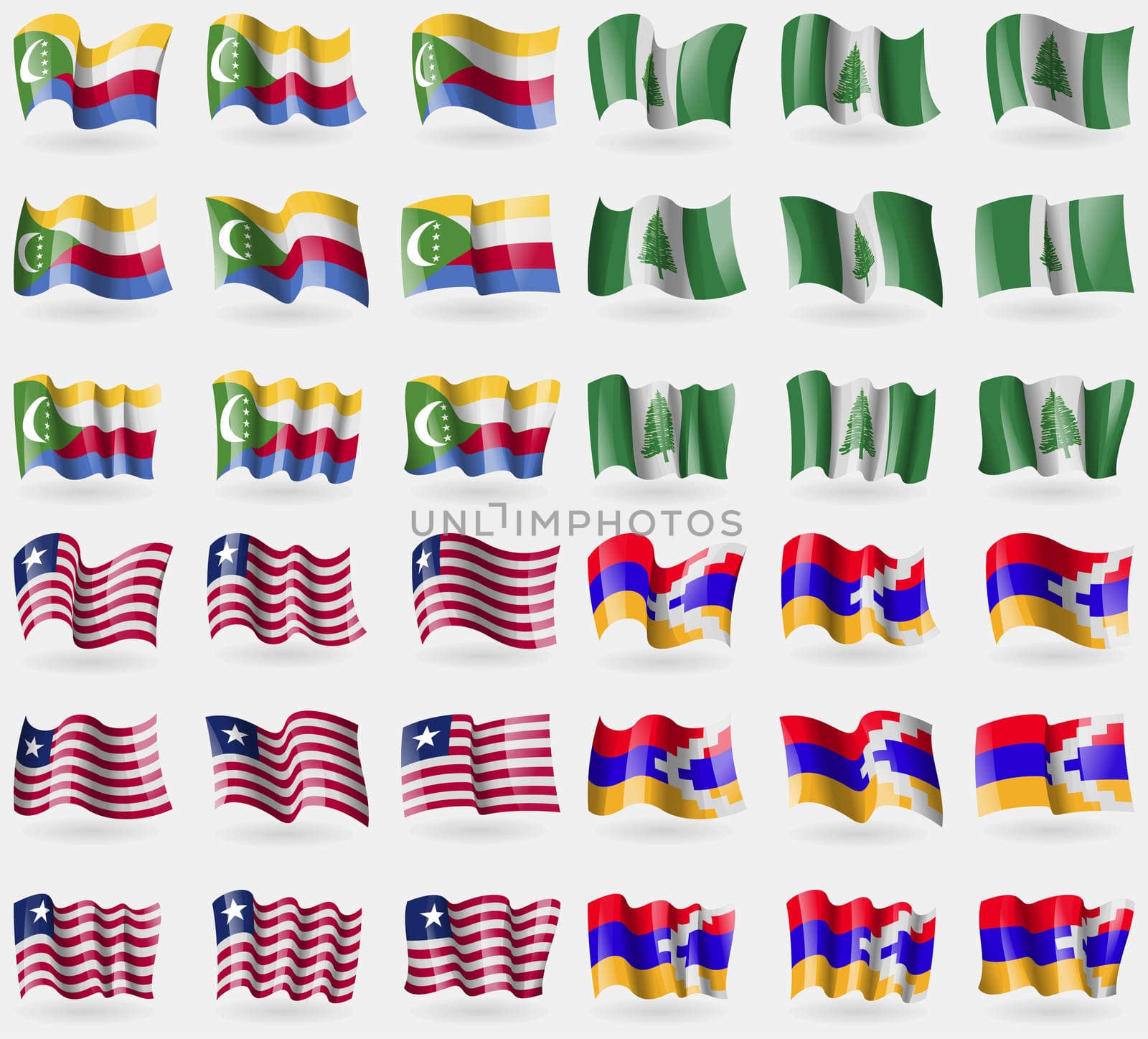 Comoros, Norfolk Island, Liberia, Karabakh Republic. Set of 36 flags of the countries of the world.  by serhii_lohvyniuk