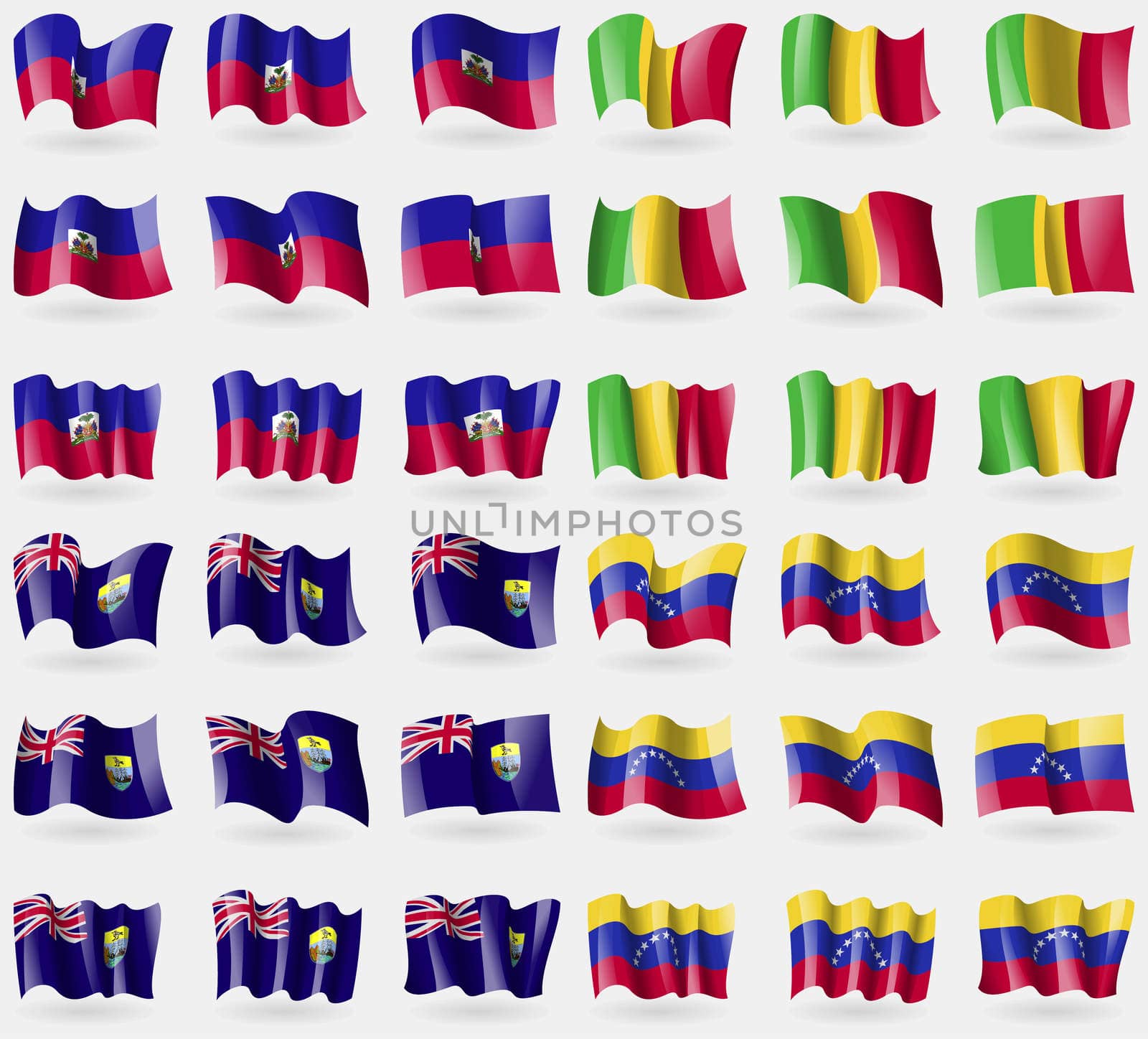 Haiti, Mali, Saint Helena, Venezuela. Set of 36 flags of the countries of the world. illustration