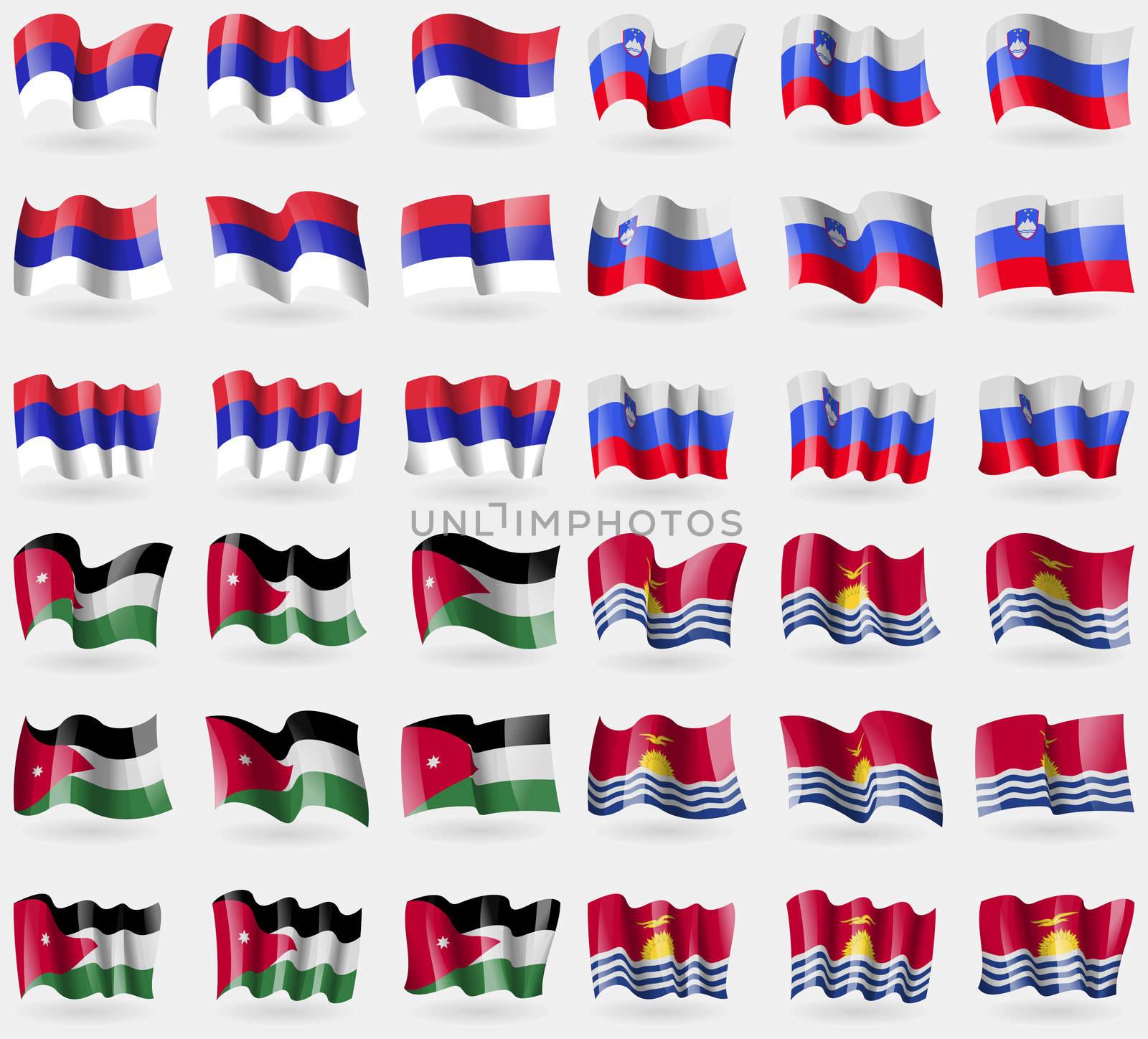 Republika Srpska, Slovenia, Jordan, Kiribati. Set of 36 flags of the countries of the world.  by serhii_lohvyniuk