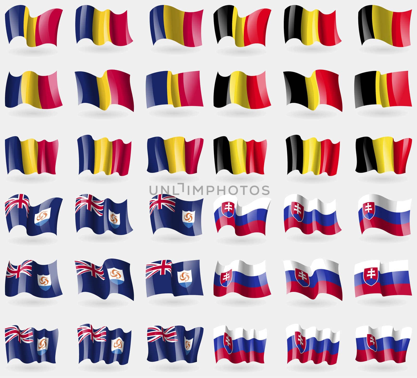 Chad, Belgium, Anguilla, Slovakia. Set of 36 flags of the countries of the world. illustration