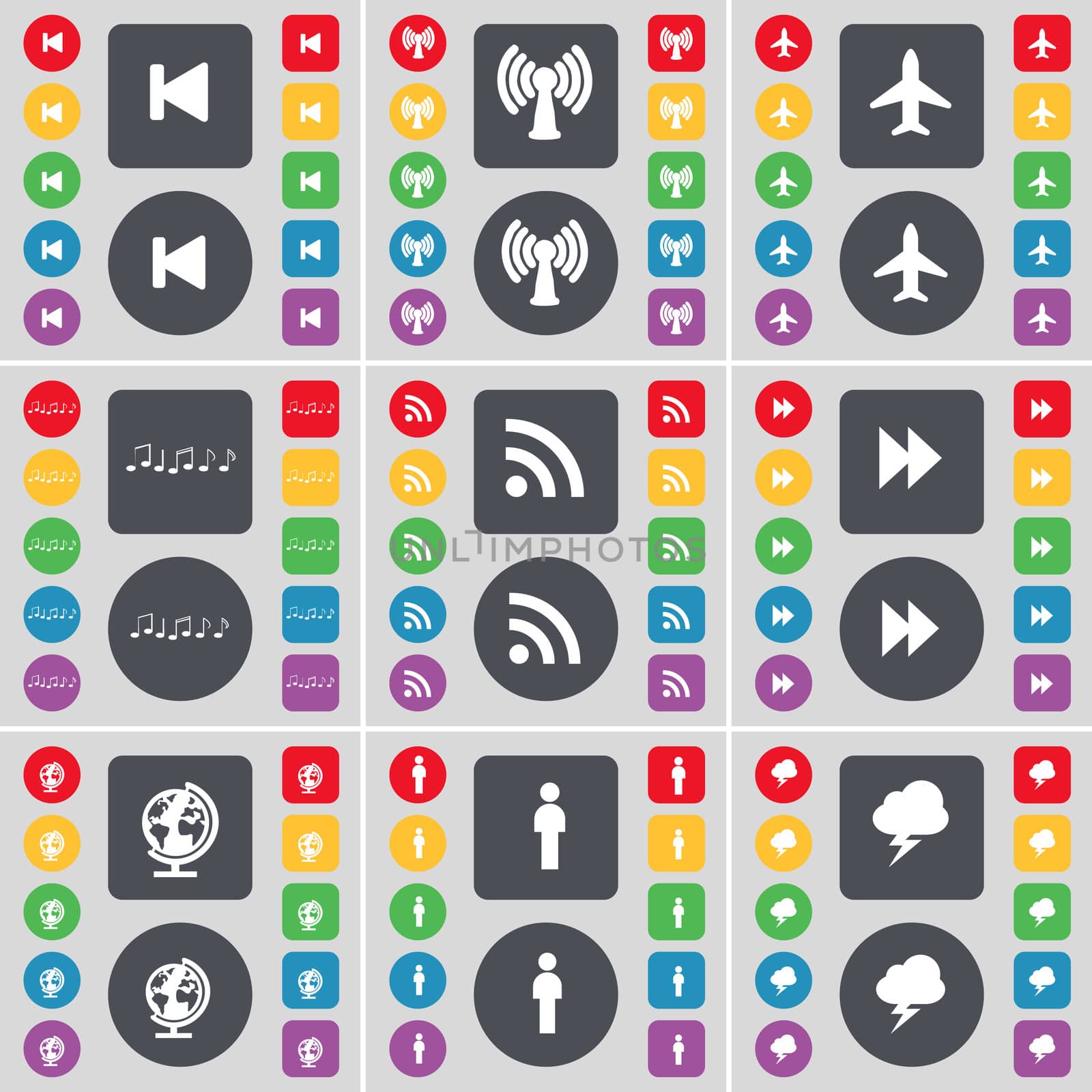 Media skip, Wi-Fi, Airplane, Note, RSS, Rewind, Globe, Silhouette, Lightning icon symbol. A large set of flat, colored buttons for your design. illustration