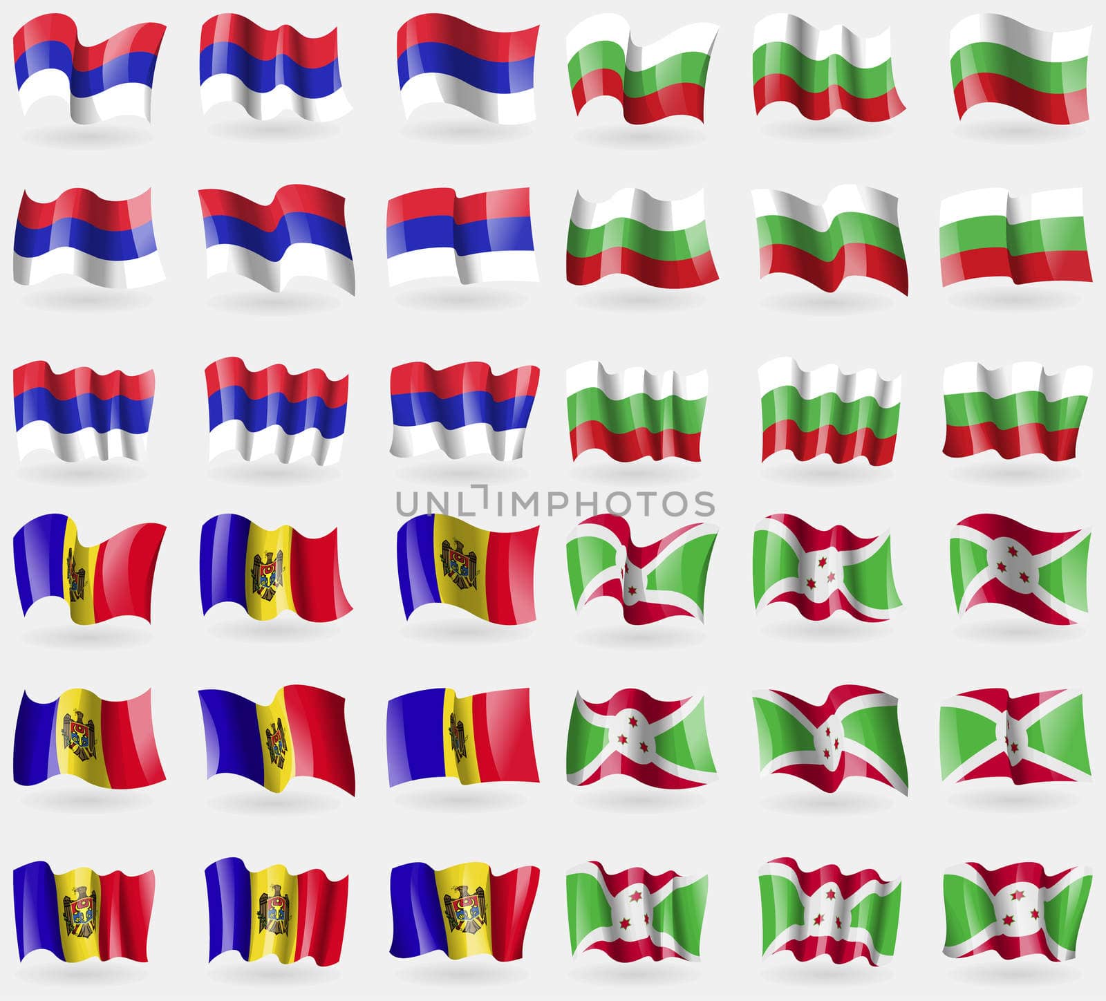 Republika Srpska, Bulgaria, Moldova, Burundi. Set of 36 flags of the countries of the world.  by serhii_lohvyniuk
