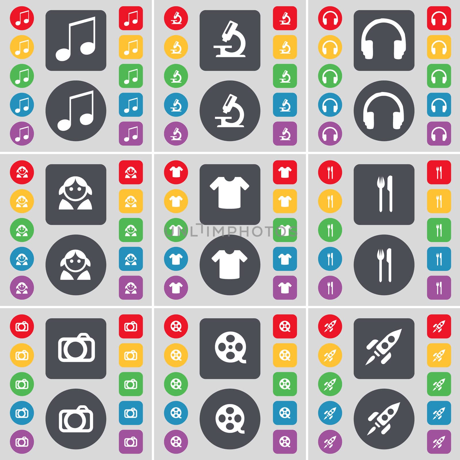 Note, Microscope, Headphones, Avatar, T-Shirt, Fork and knife, Camera, Videotape, Rocket icon symbol. A large set of flat, colored buttons for your design. illustration