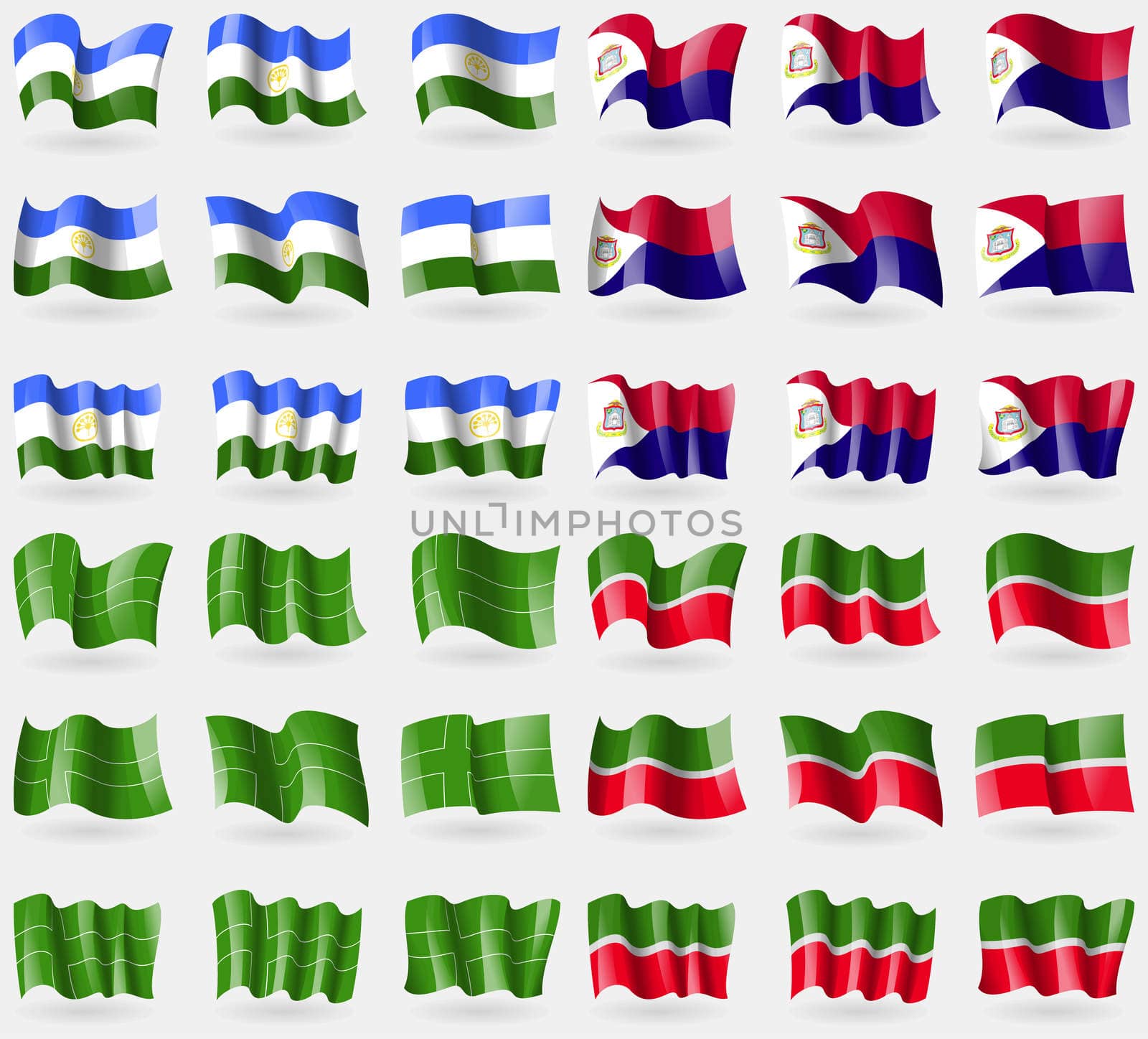 Bashkortostan, Saint Martin, Ladonia, Tatarstan. Set of 36 flags of the countries of the world. illustration