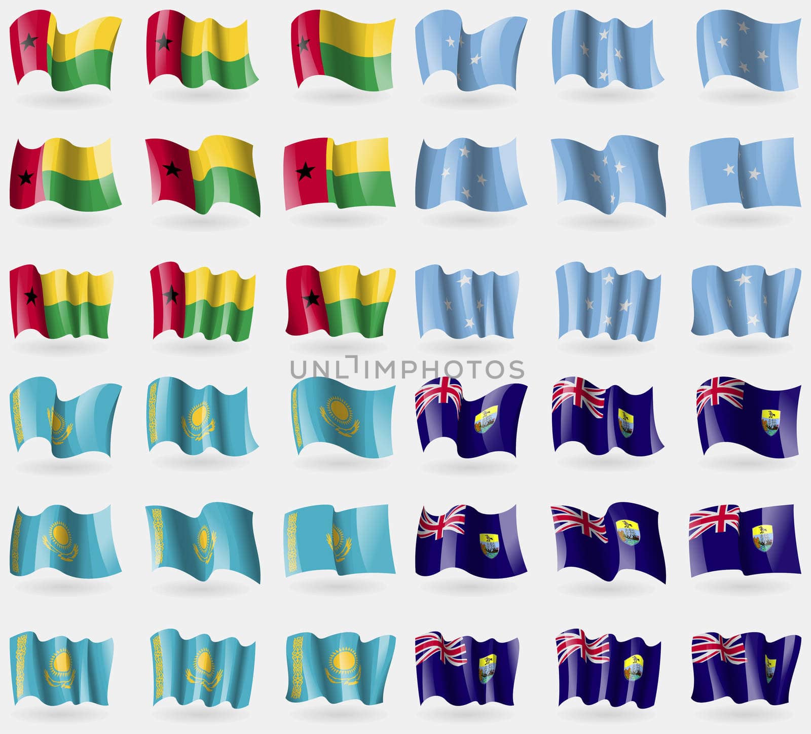GuineaBissau, Micronesia, Kazakhstan, Saint Helena. Set of 36 flags of the countries of the world. illustration