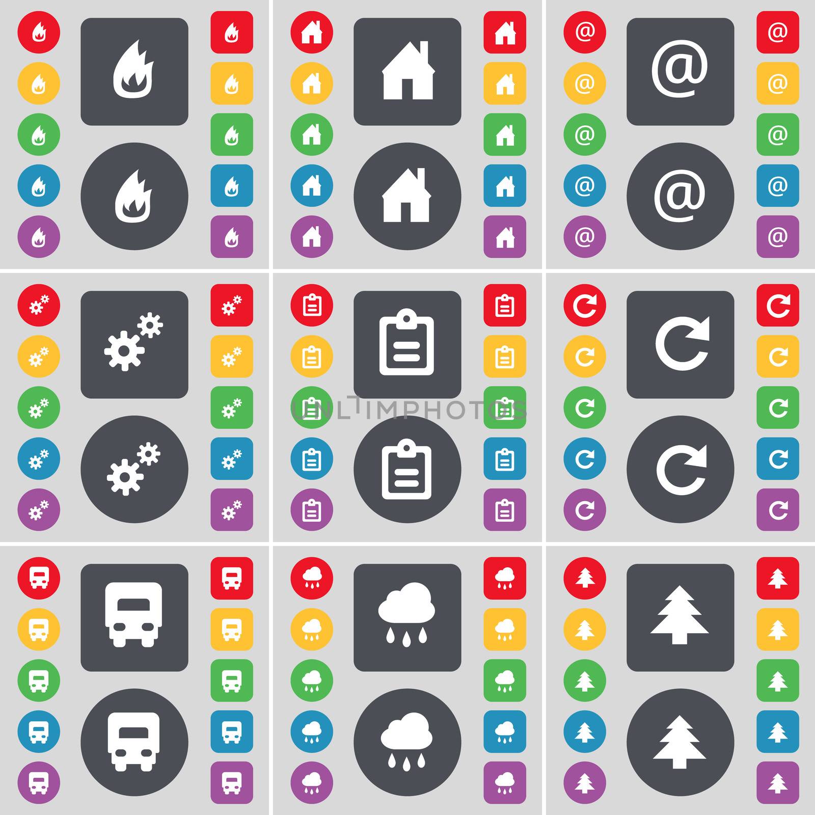 Fire, House, Mail, Gear, Survey, Reload, Truck, Cloud, Firtree icon symbol. A large set of flat, colored buttons for your design.  by serhii_lohvyniuk