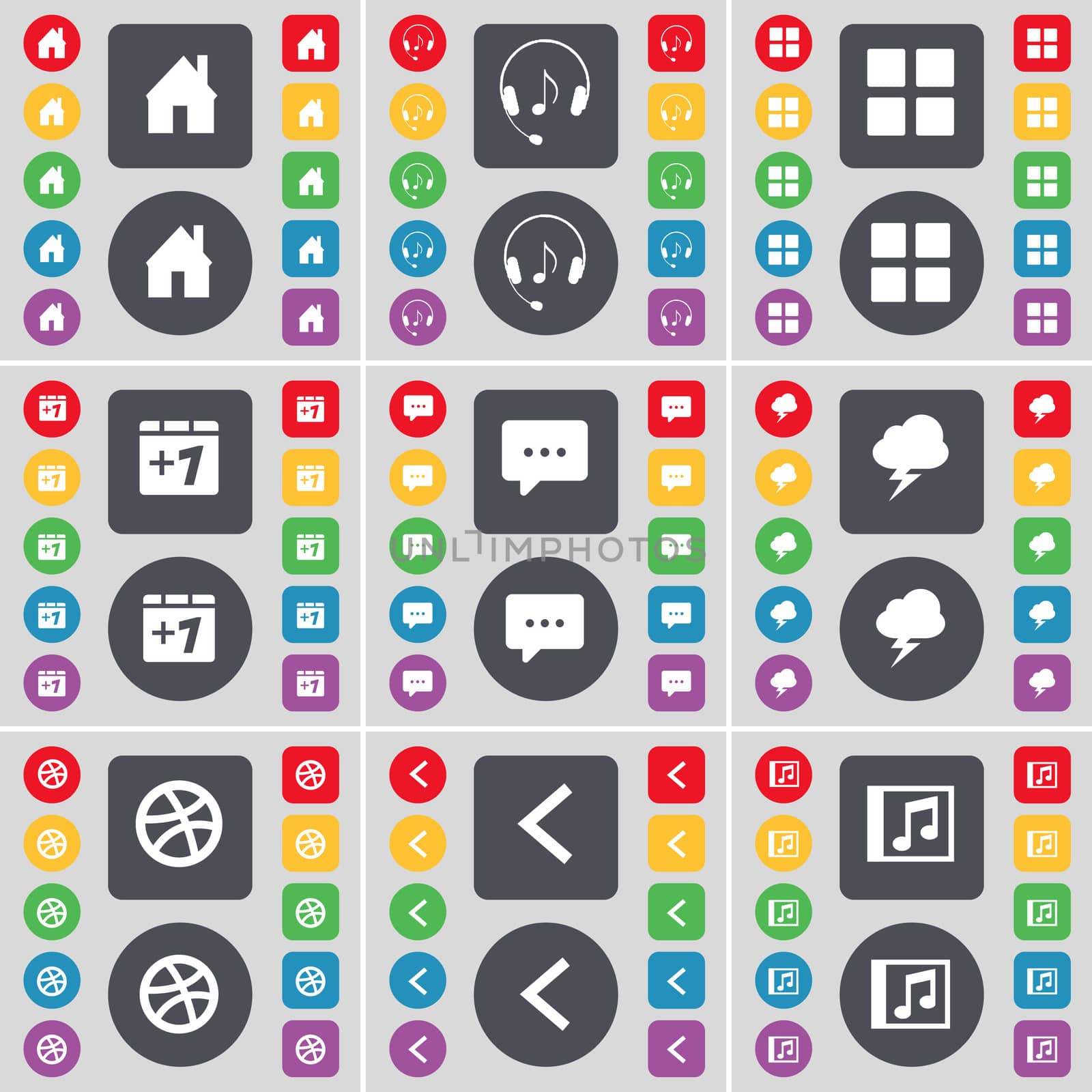 House, Headphones, Apps, Plus one, Chat bubble, Lightning, Ball, Arrow left, Music window icon symbol. A large set of flat, colored buttons for your design.  by serhii_lohvyniuk