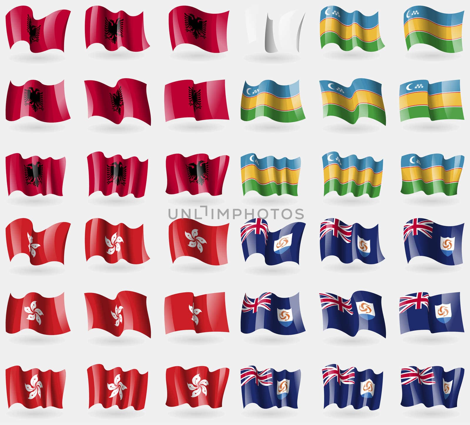 Albania, Karakalpakstan, Hong Kong, Anguilla. Set of 36 flags of the countries of the world.  by serhii_lohvyniuk