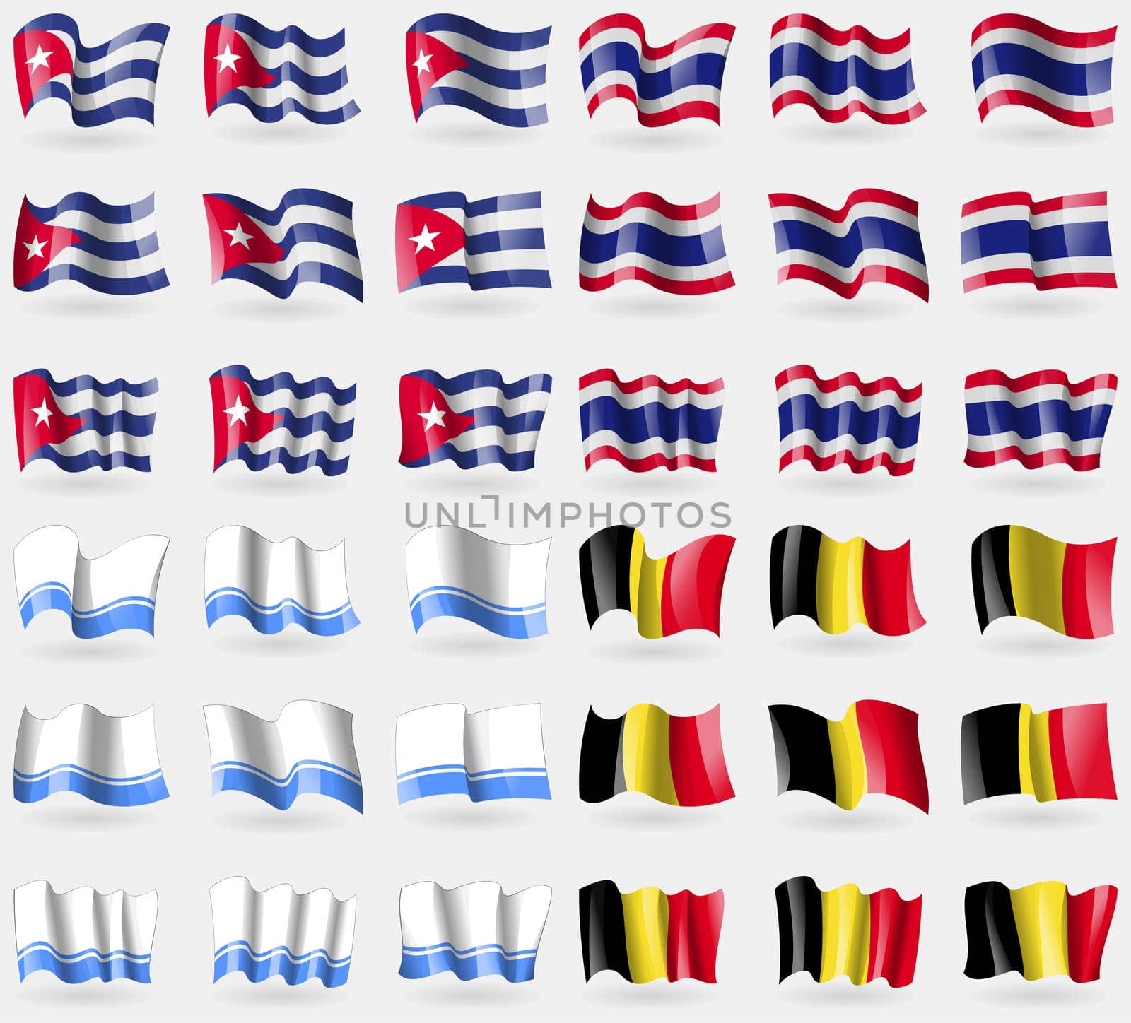 Cuba, Thailand, Altai Republic, Belgium. Set of 36 flags of the countries of the world. illustration