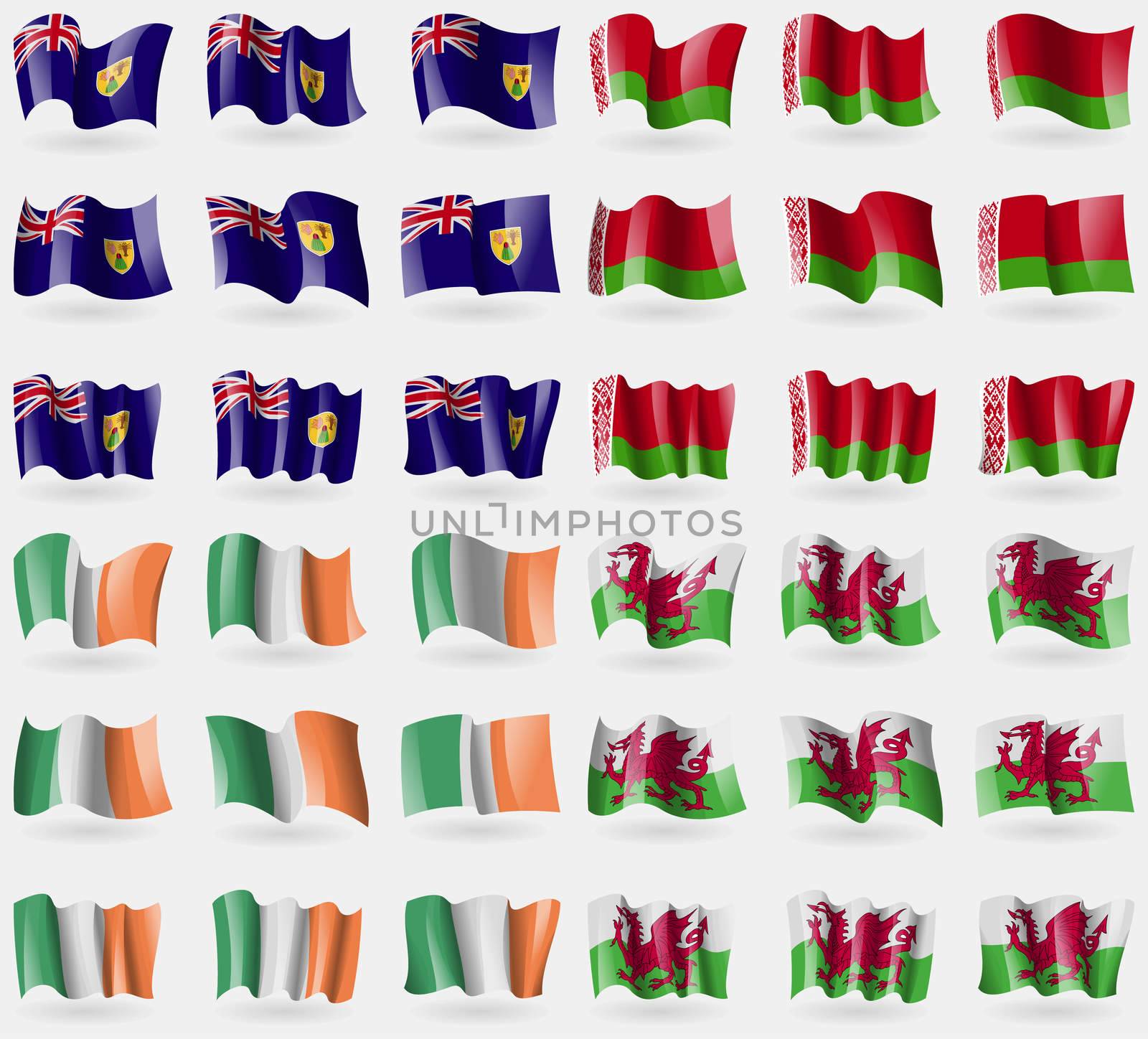 Turks and Caicos, Belarus, Ireland, Wales. Set of 36 flags of the countries of the world. illustration