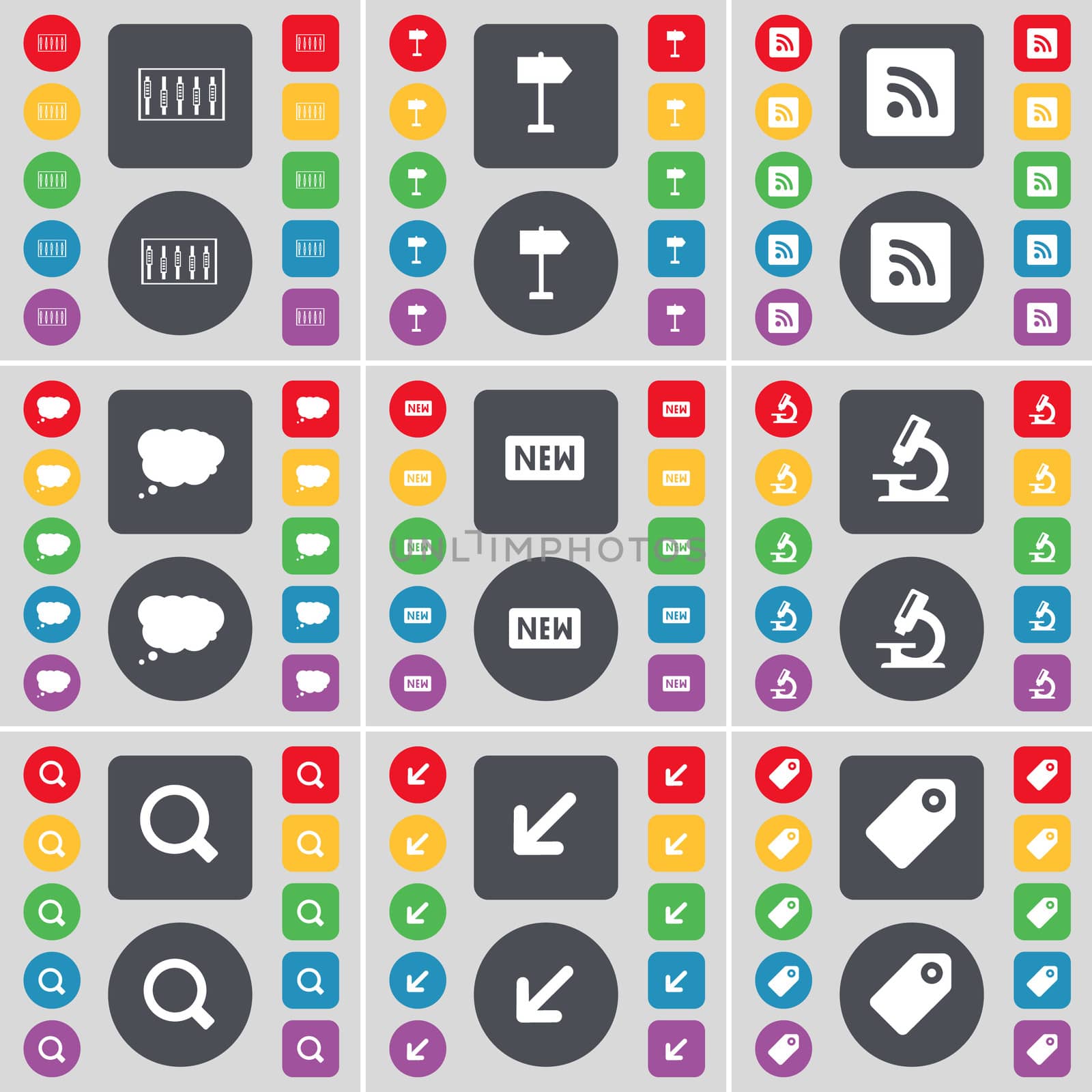 Equalizer, Sighpost, RSS, Chat cloud, New, Microscope, Magnifying glass, Deploying screen, Tag icon symbol. A large set of flat, colored buttons for your design. illustration