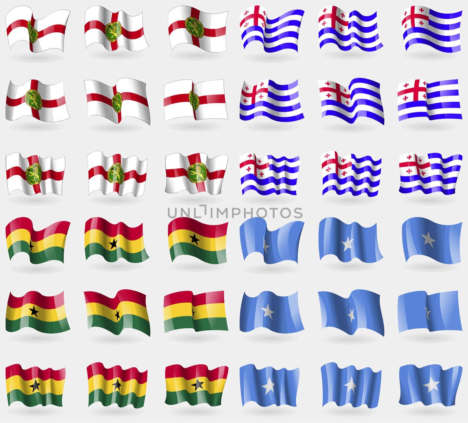 Alderney, Ajaria, Ghana, Somalia. Set of 36 flags of the countries of the world. illustration
