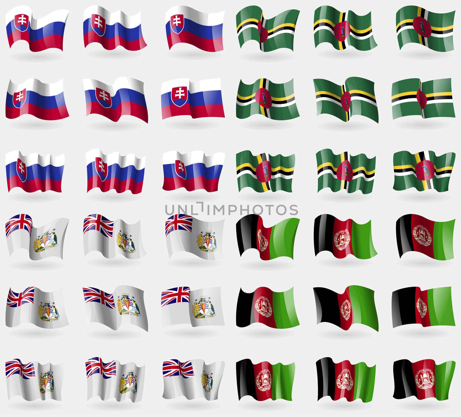 Slovakia, Dominica, British Antarctic Territory, Afghanistan. Set of 36 flags of the countries of the world. illustration