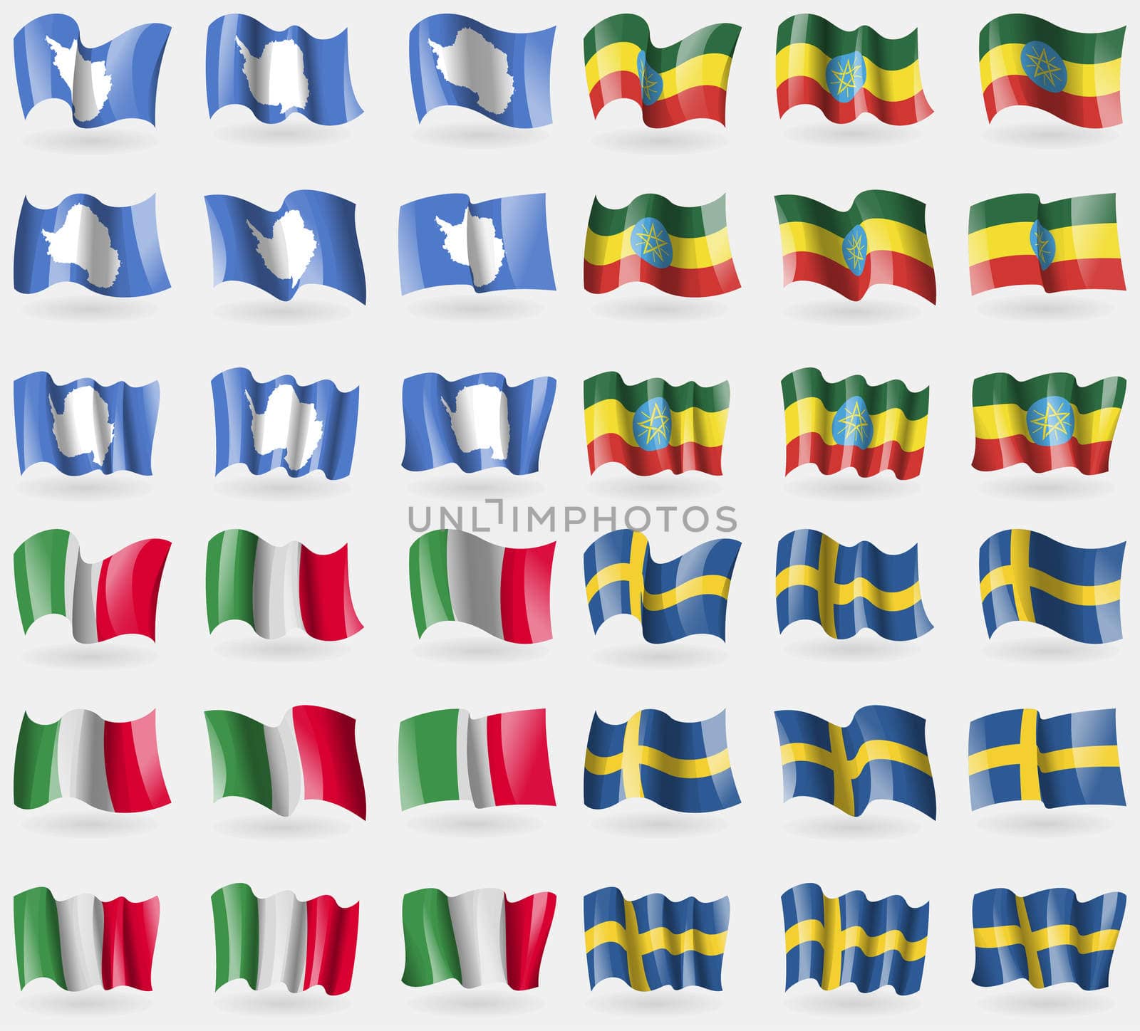 Antarctica, Ethiopia, Italy, Sweden. Set of 36 flags of the countries of the world. illustration