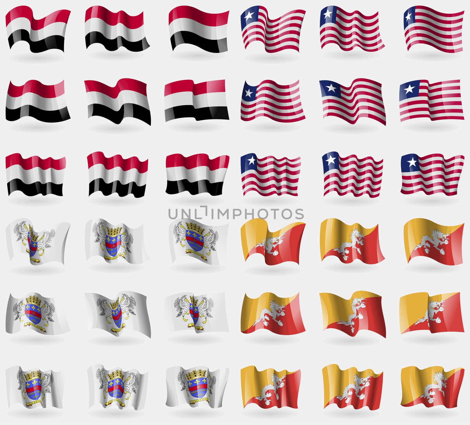 Yemen, Liberia, Saint Barthelemy, Bhutan. Set of 36 flags of the countries of the world.  by serhii_lohvyniuk