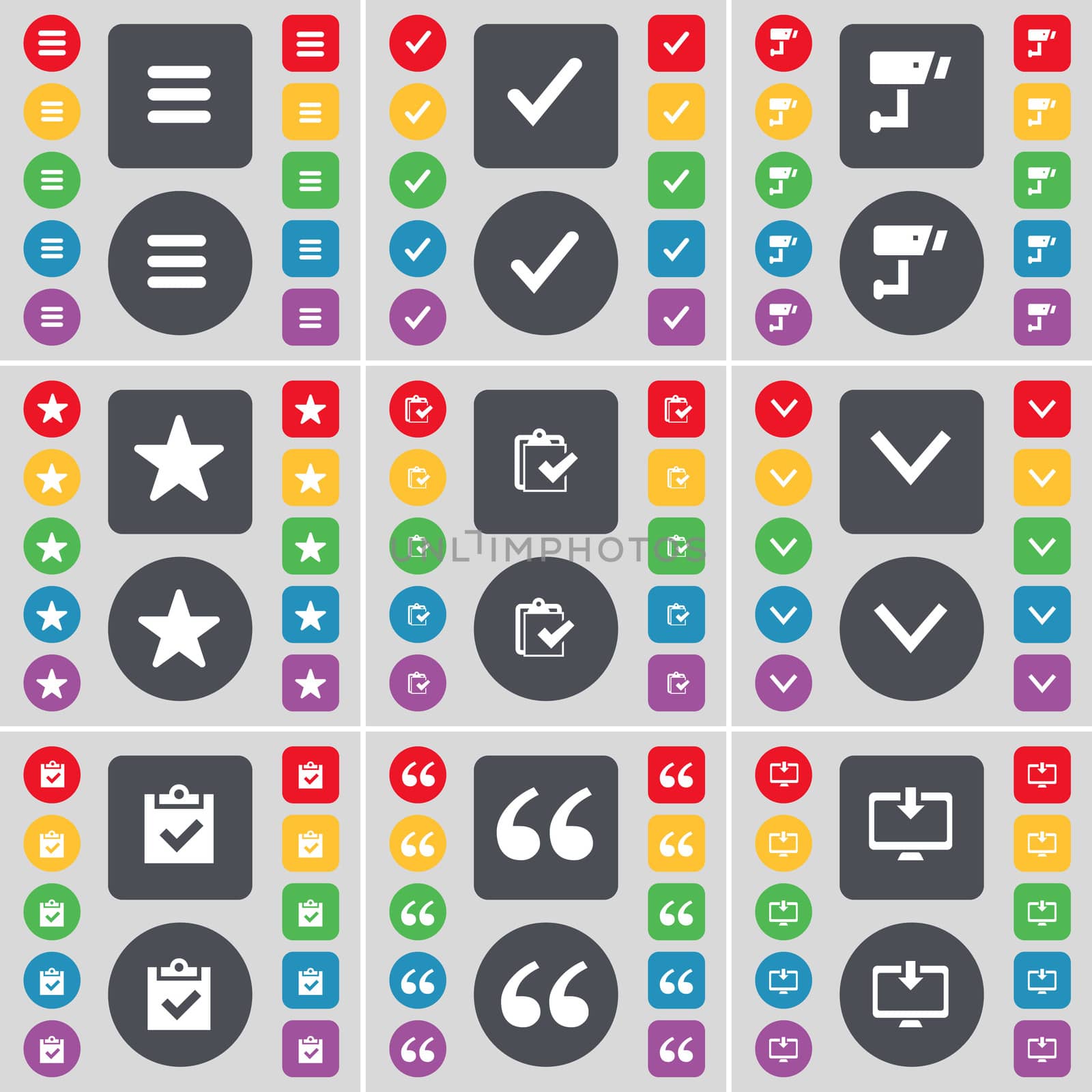 Apps, Tick, CCTV, Star, Survey, Arrow down, Survey, Quotation mark, Monitor icon symbol. A large set of flat, colored buttons for your design. illustration