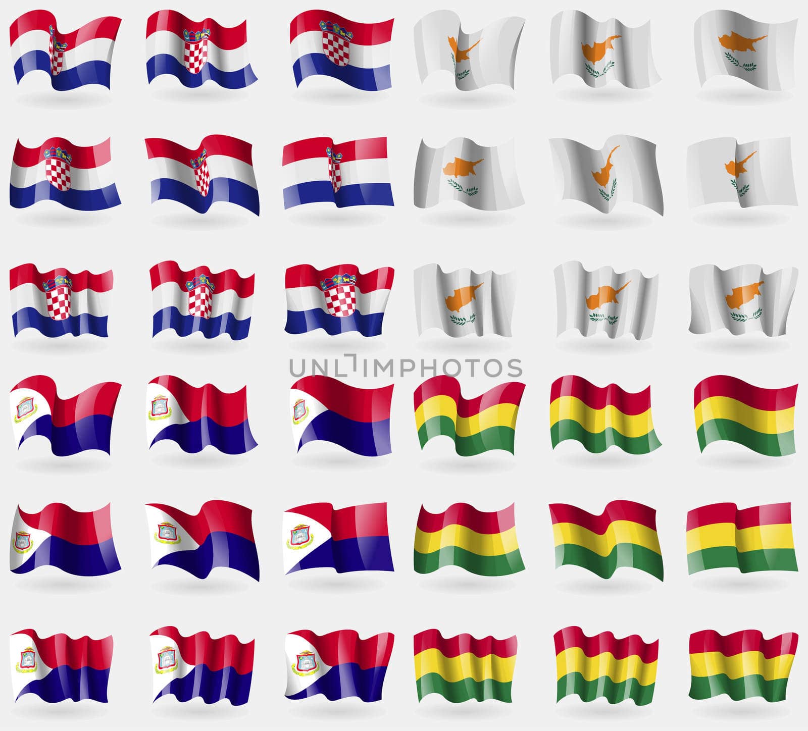 Crotia, Cyprus, Saint Martin, Bolivia. Set of 36 flags of the countries of the world. illustration