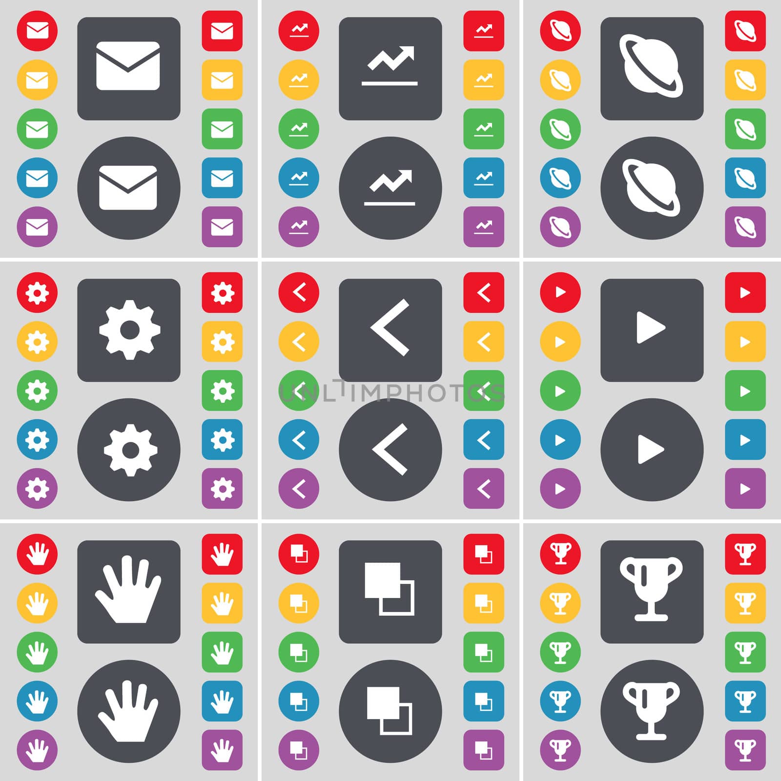 Message, Graph, Planet, Gear, Arrow left, Media play, Hand, Copy, Cup icon symbol. A large set of flat, colored buttons for your design.  by serhii_lohvyniuk